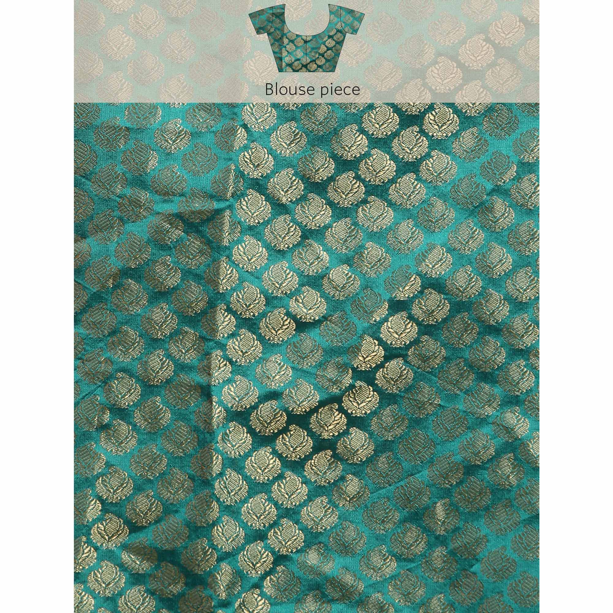 Rama Blue Solid Vichitra Silk Saree With Fancy Zari Border