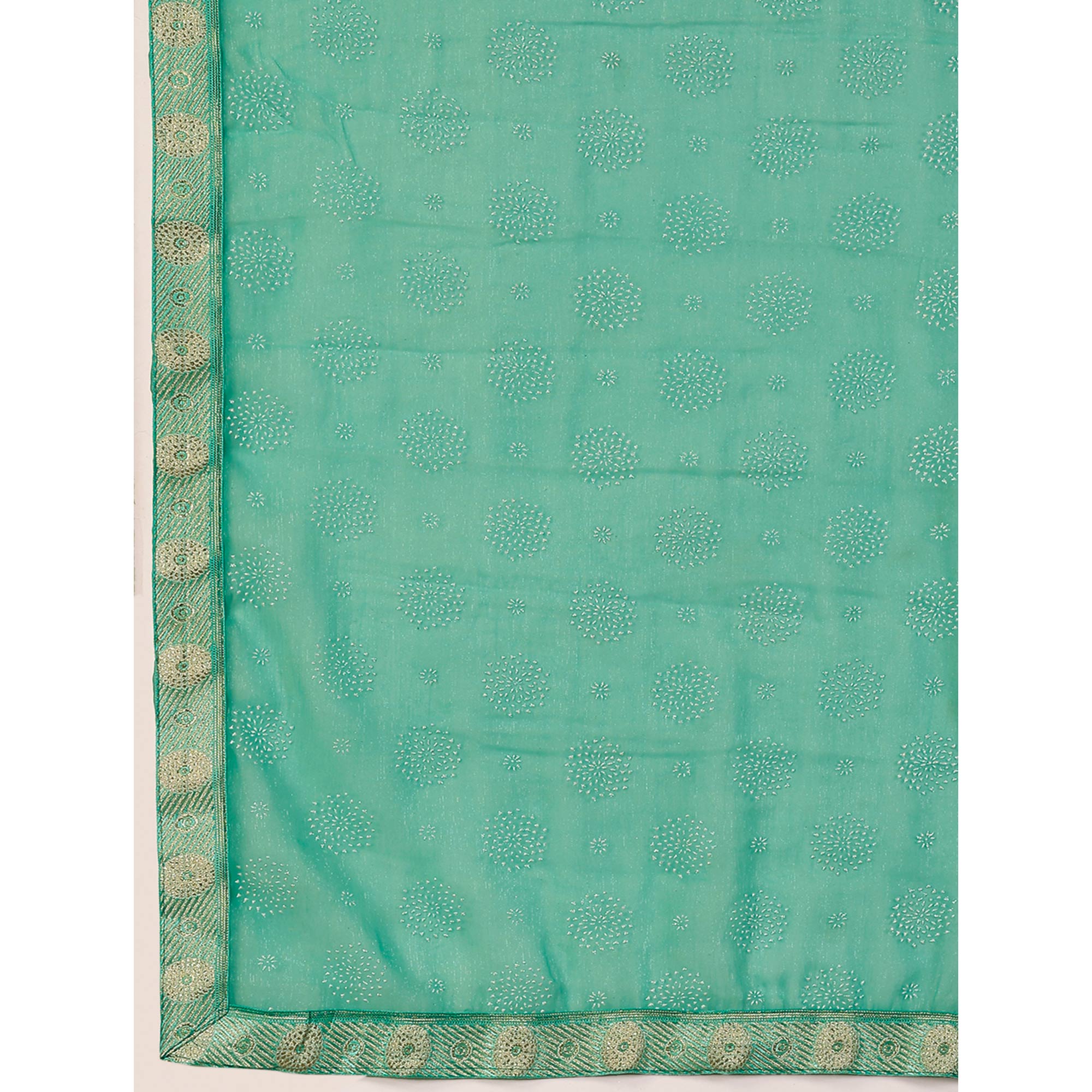 Turquoise Printed Chiffon Saree With Lace Border