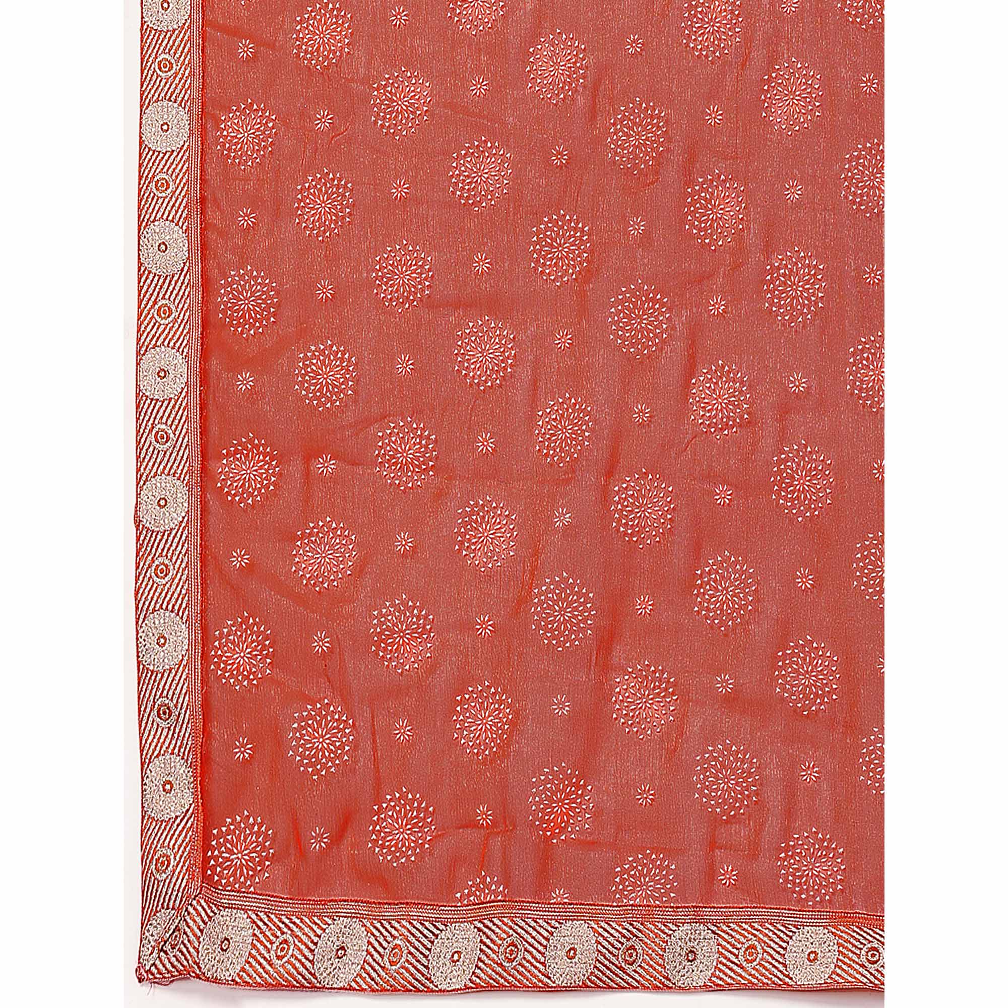 Peach Printed Chiffon Saree With Lace Border