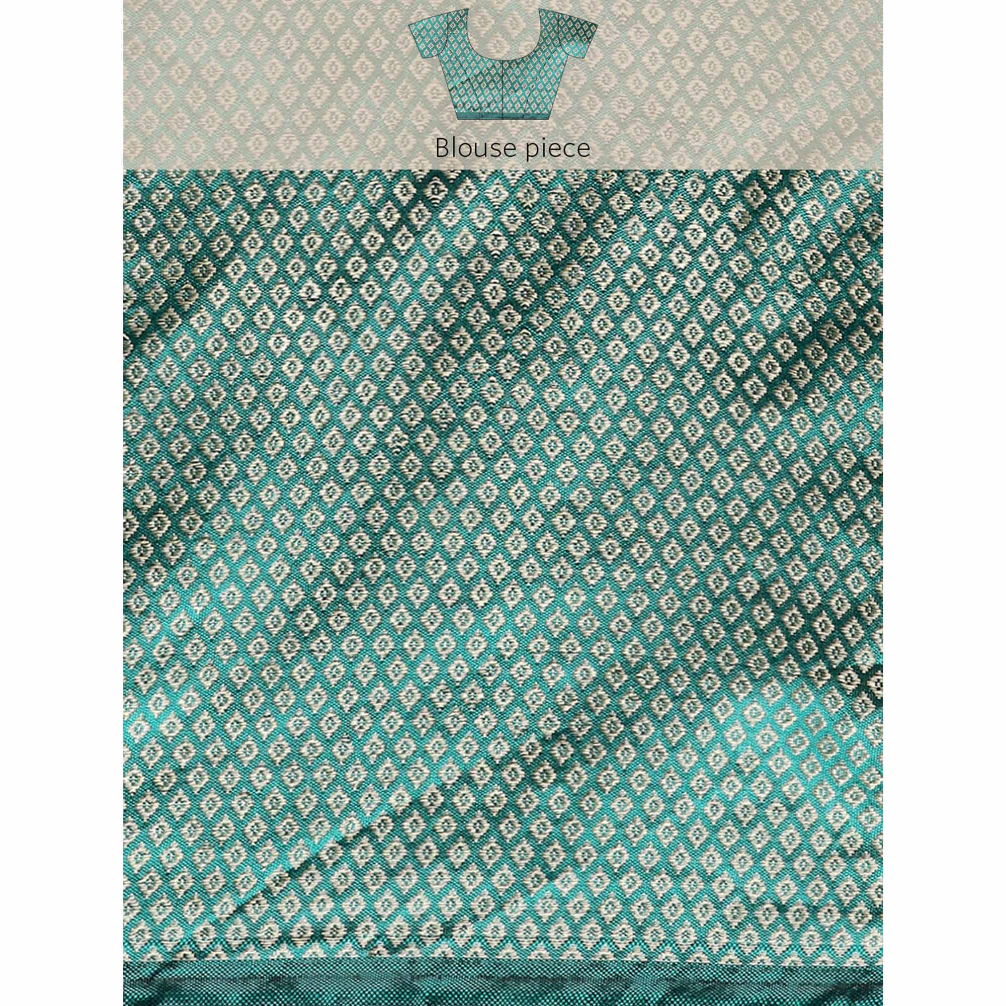 Turquoise Floral Foil Printed Chiffon Saree With Tassels