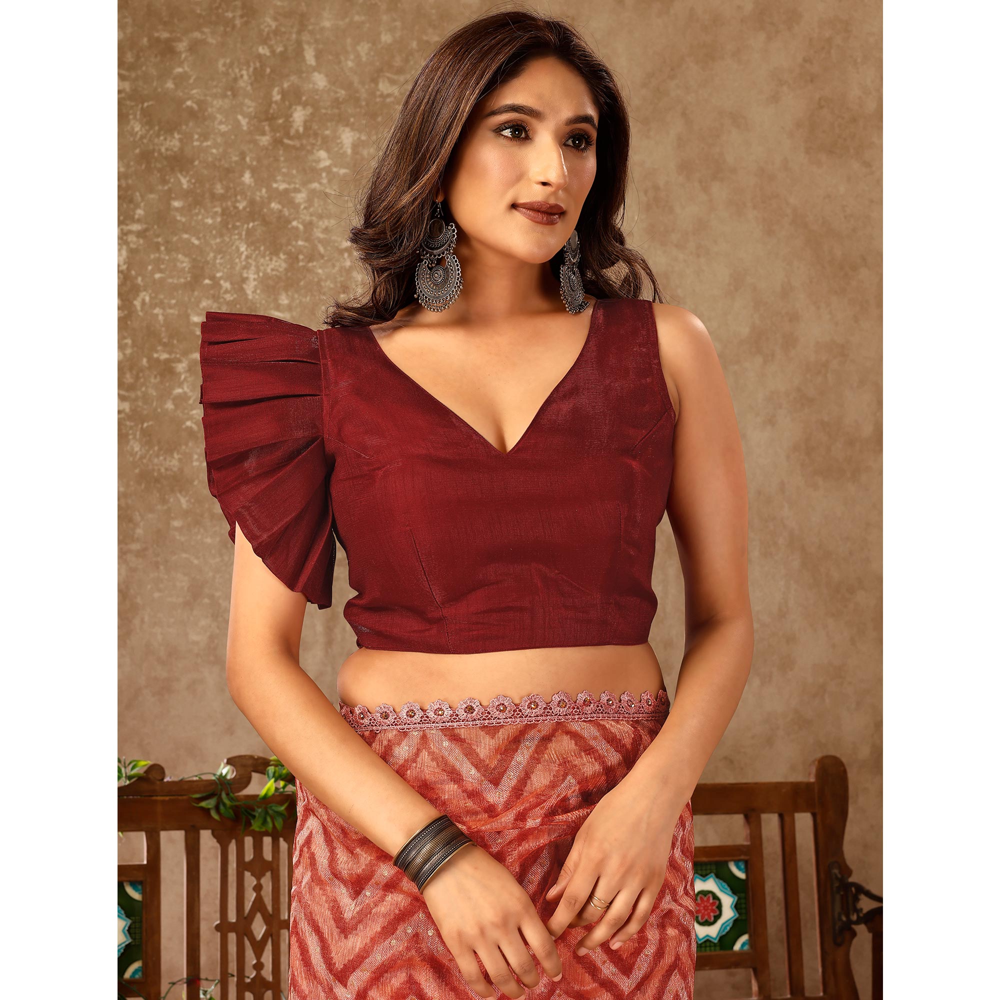 Peach Zig Zag Printed With Stone Work Organza Ready To Wear Saree