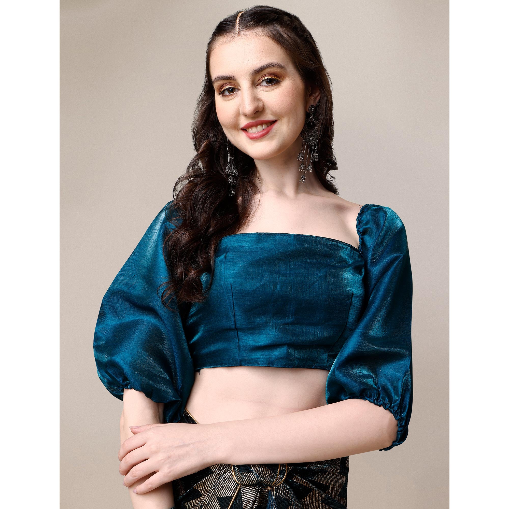 Teal Blue Digital Foil Printed Rayon Saree