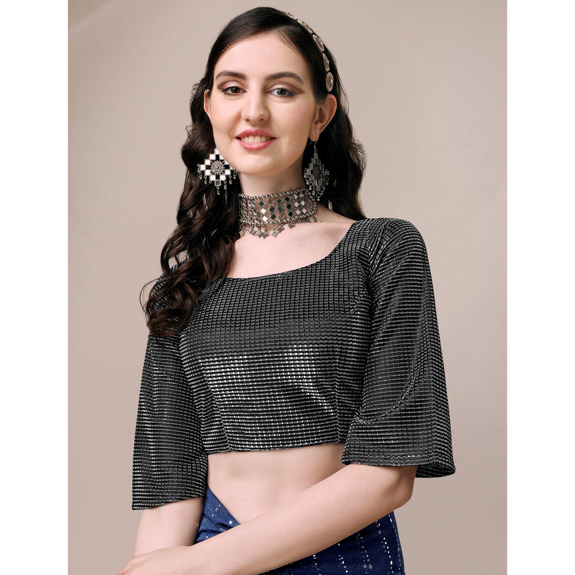 Blue Striped Foil Printed Rayon Saree