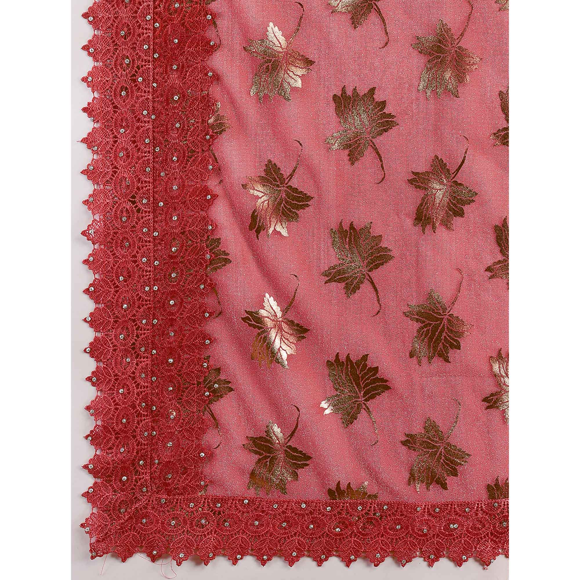 Pink Foil Printed Lycra Saree With Embroidered Lace Border