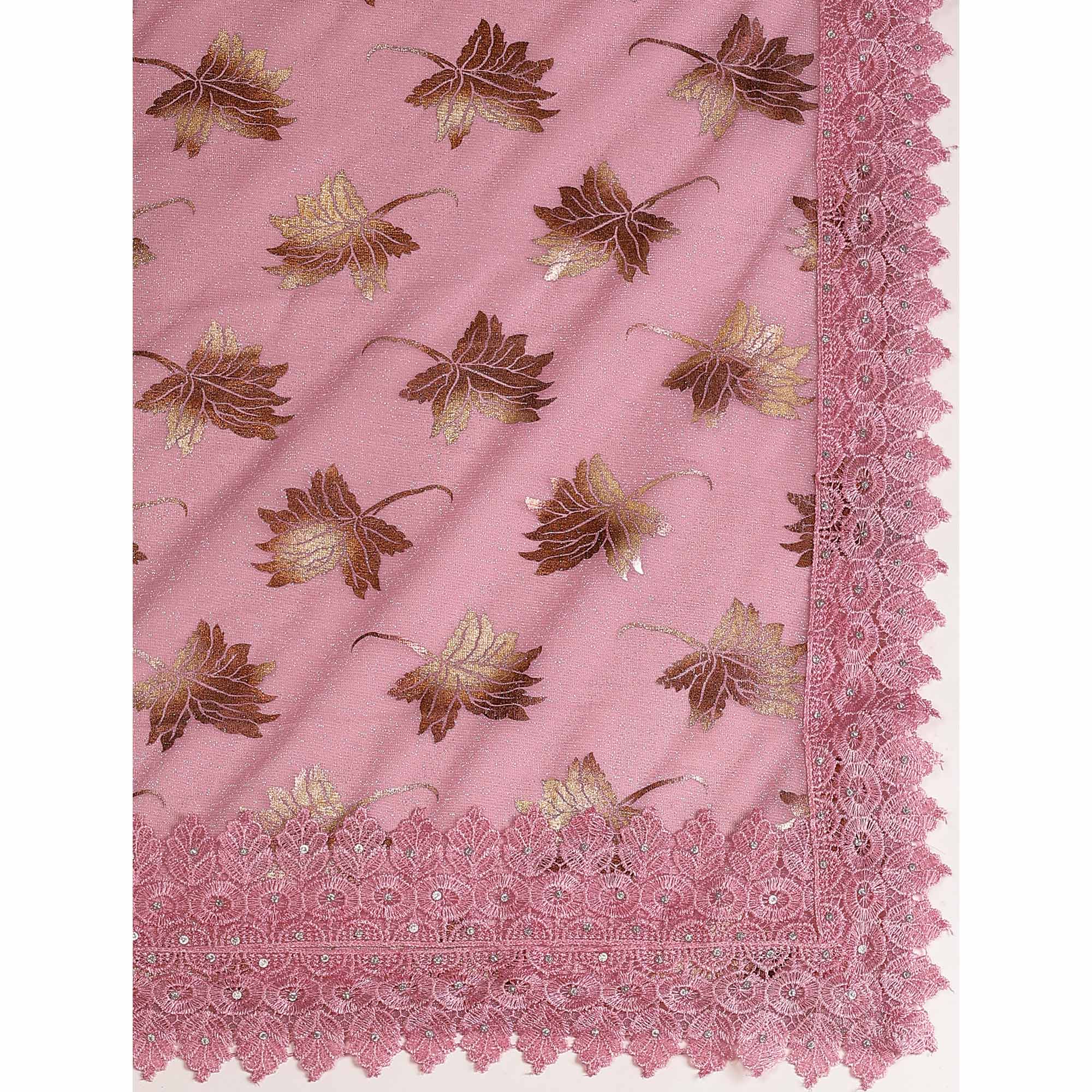Pink Foil Printed Lycra Saree With Embroidered Lace Border