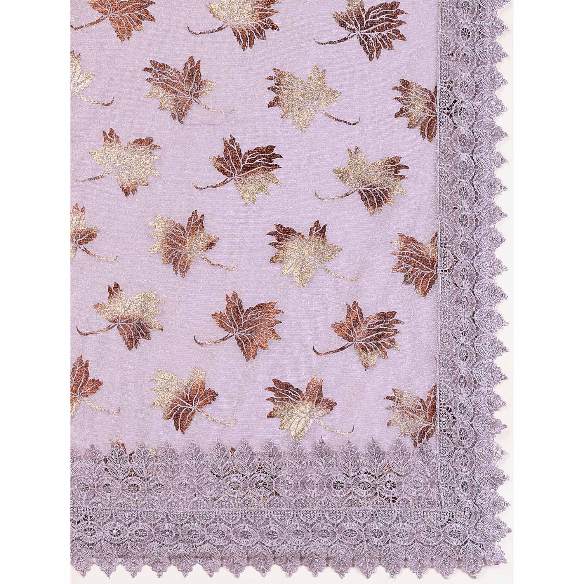 Light Purple Foil Printed Lycra Saree With Embroidered Lace Border