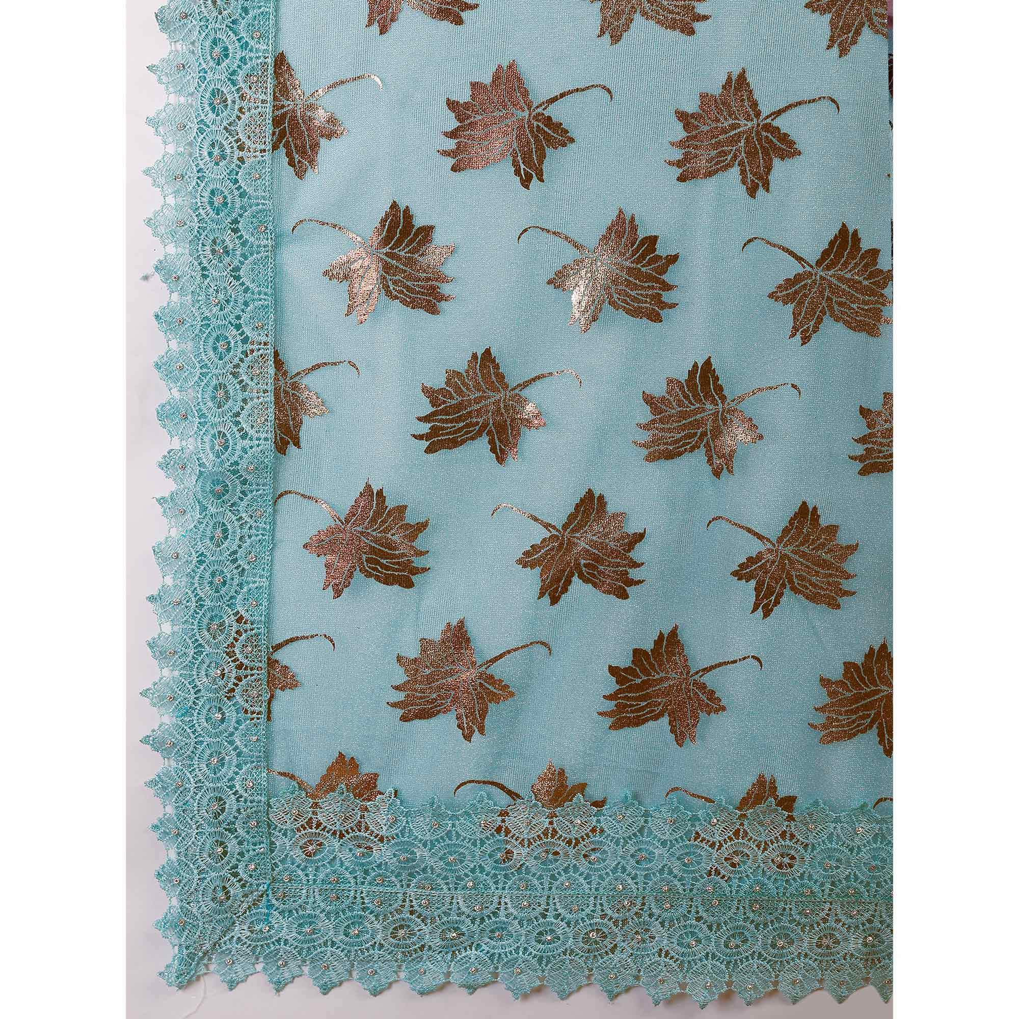 Blue Foil Printed Lycra Saree With Embroidered Lace Border