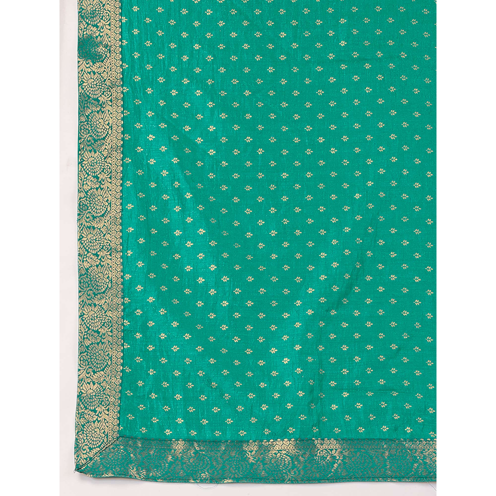 Rama Green Floral Foil Printed Vichitra Silk Saree With Lace Border