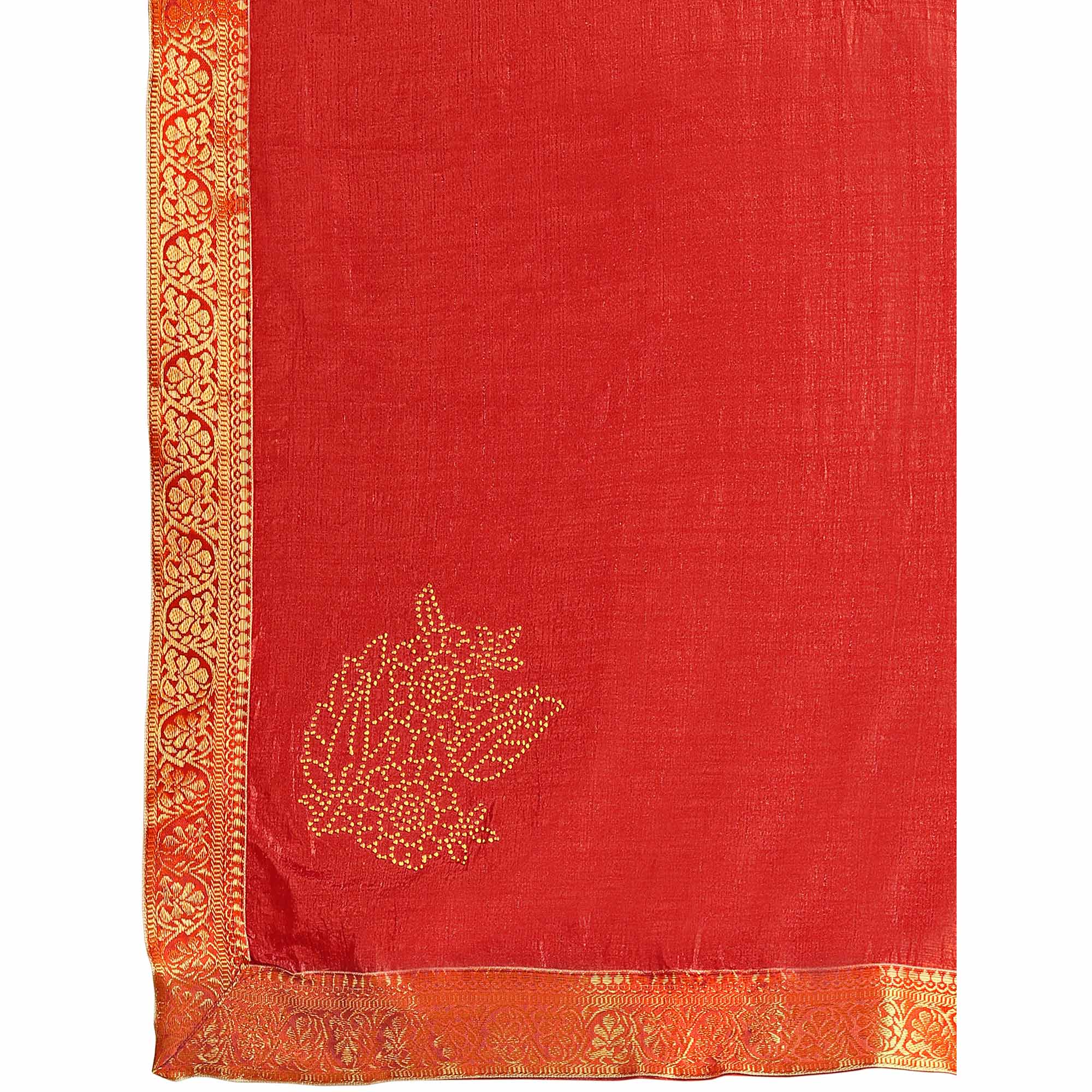 Red Floral Swarovski Work Vichitra Silk Saree With Lace Border