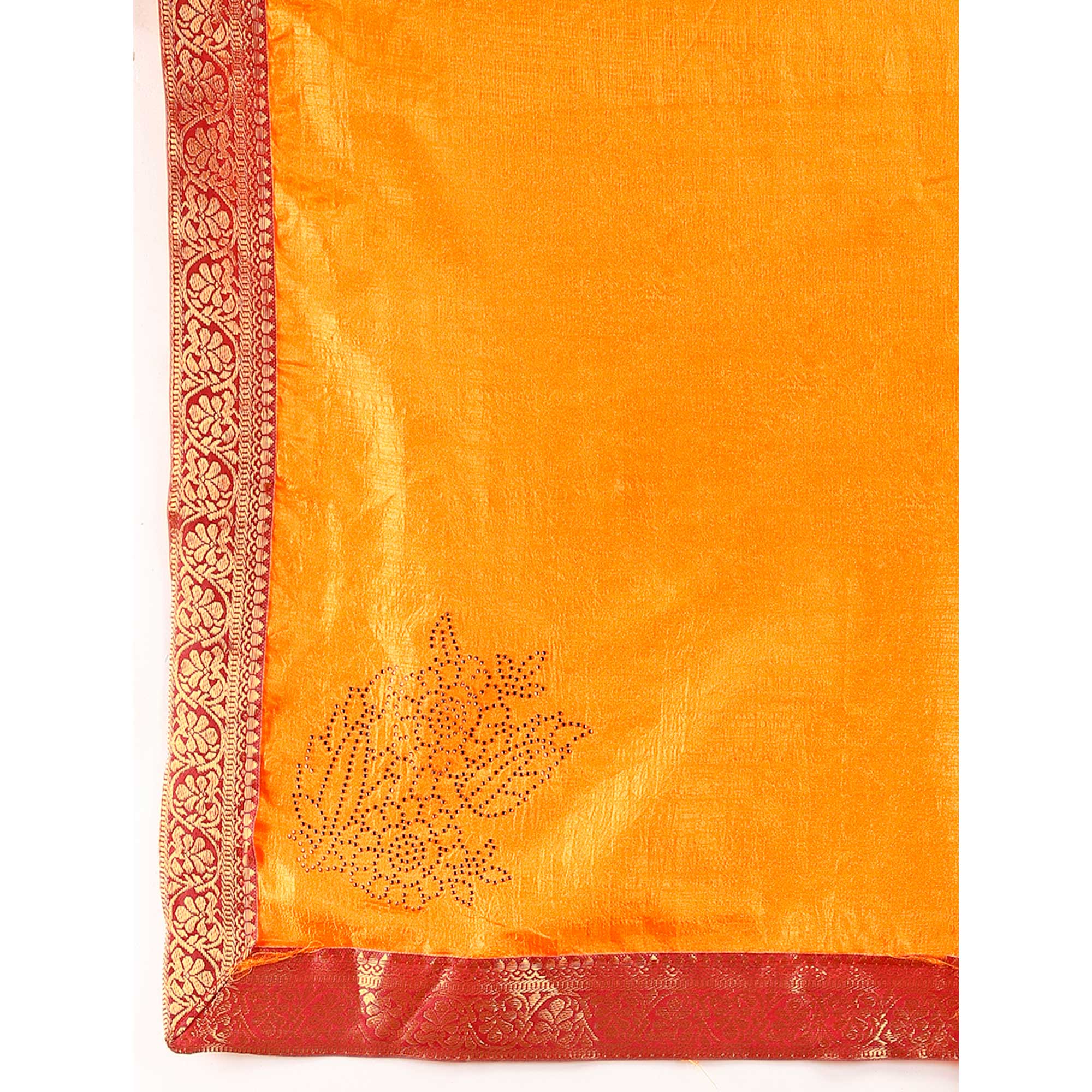 Yellow Floral Swarovski Work Vichitra Silk Saree With Lace Border