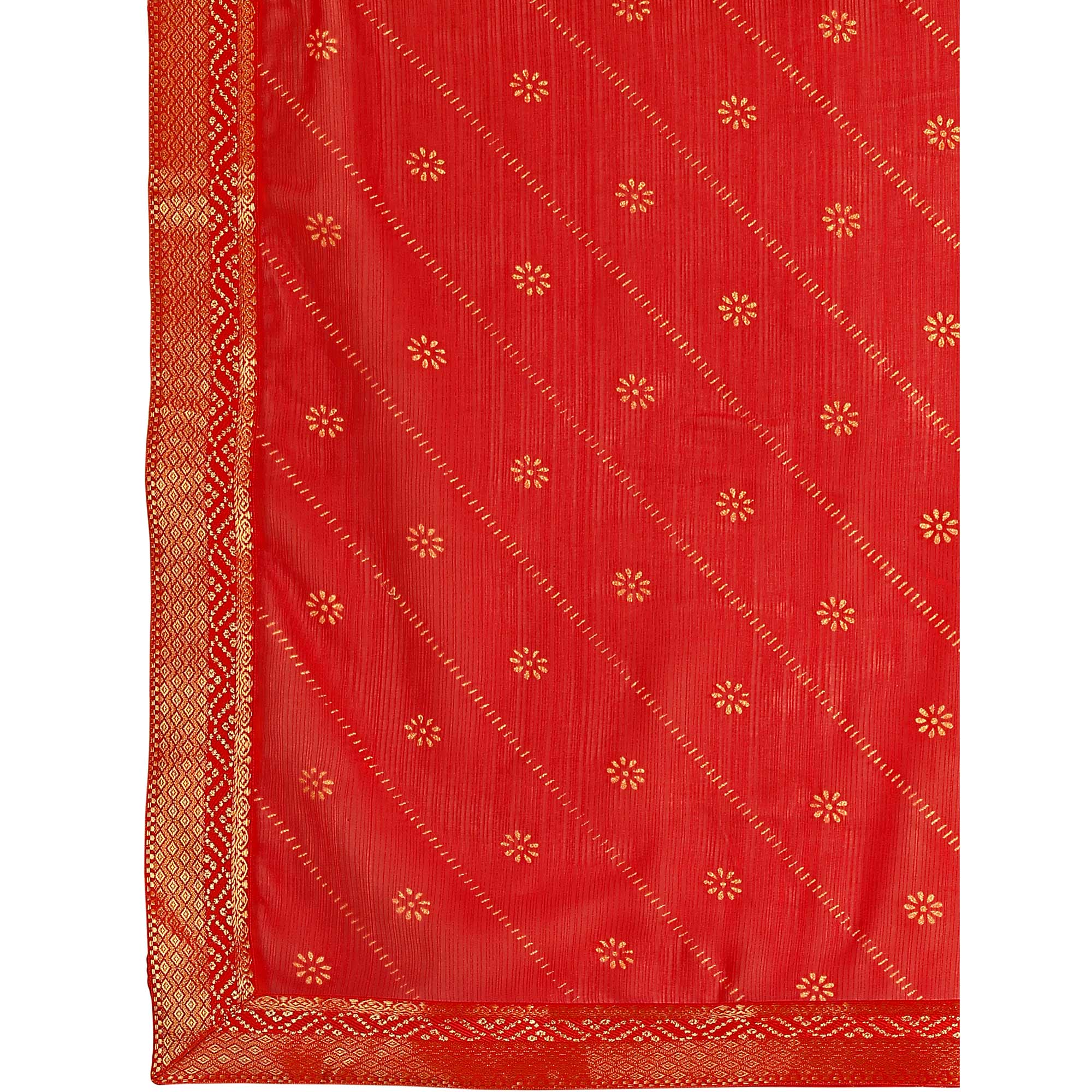Red Floral Foil Printed Chiffon Saree With Lace Border