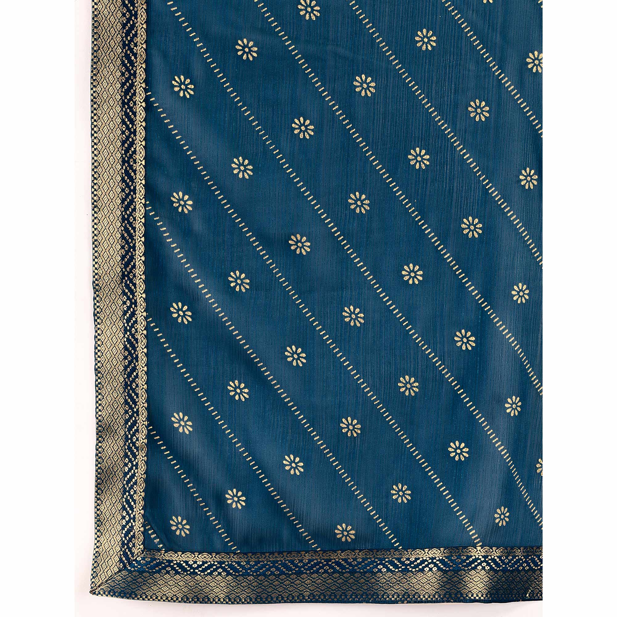 Blue Floral Foil Printed Chiffon Saree With Lace Border