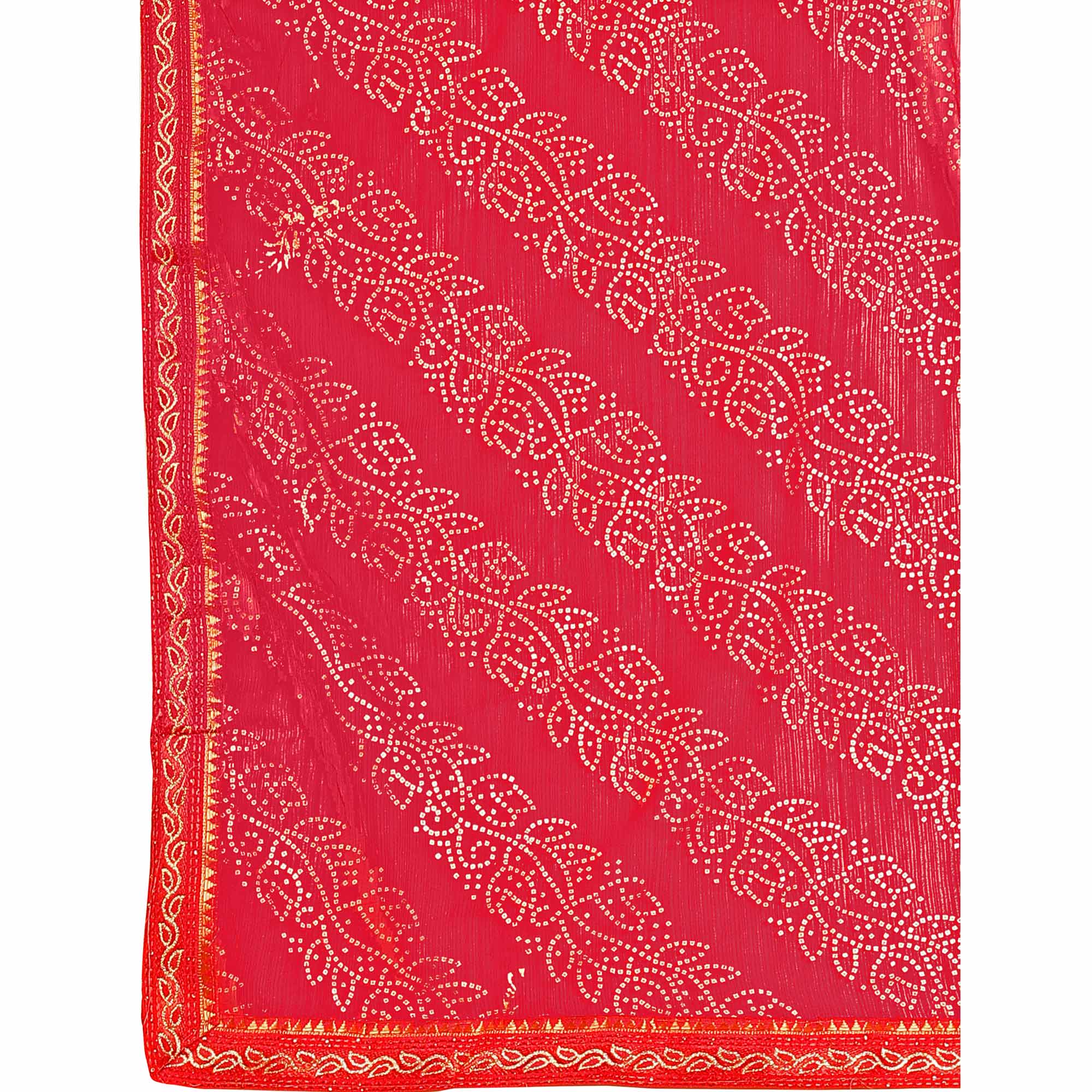 Pink Bandhani Foil Printed Chiffon Saree With Lace Border