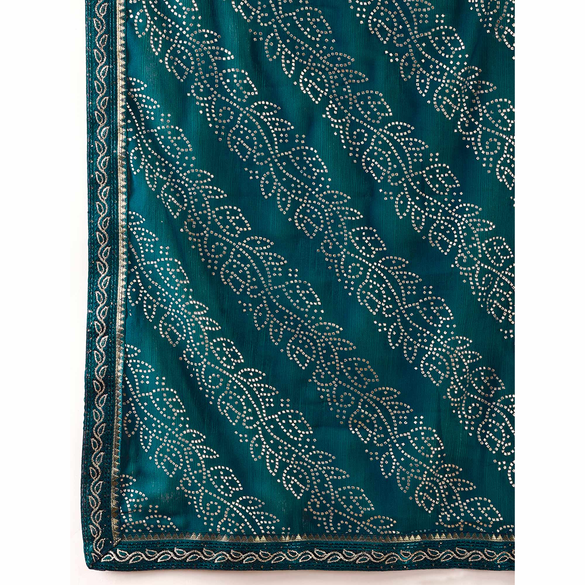 Blue Bandhani Foil Printed Chiffon Saree With Lace Border