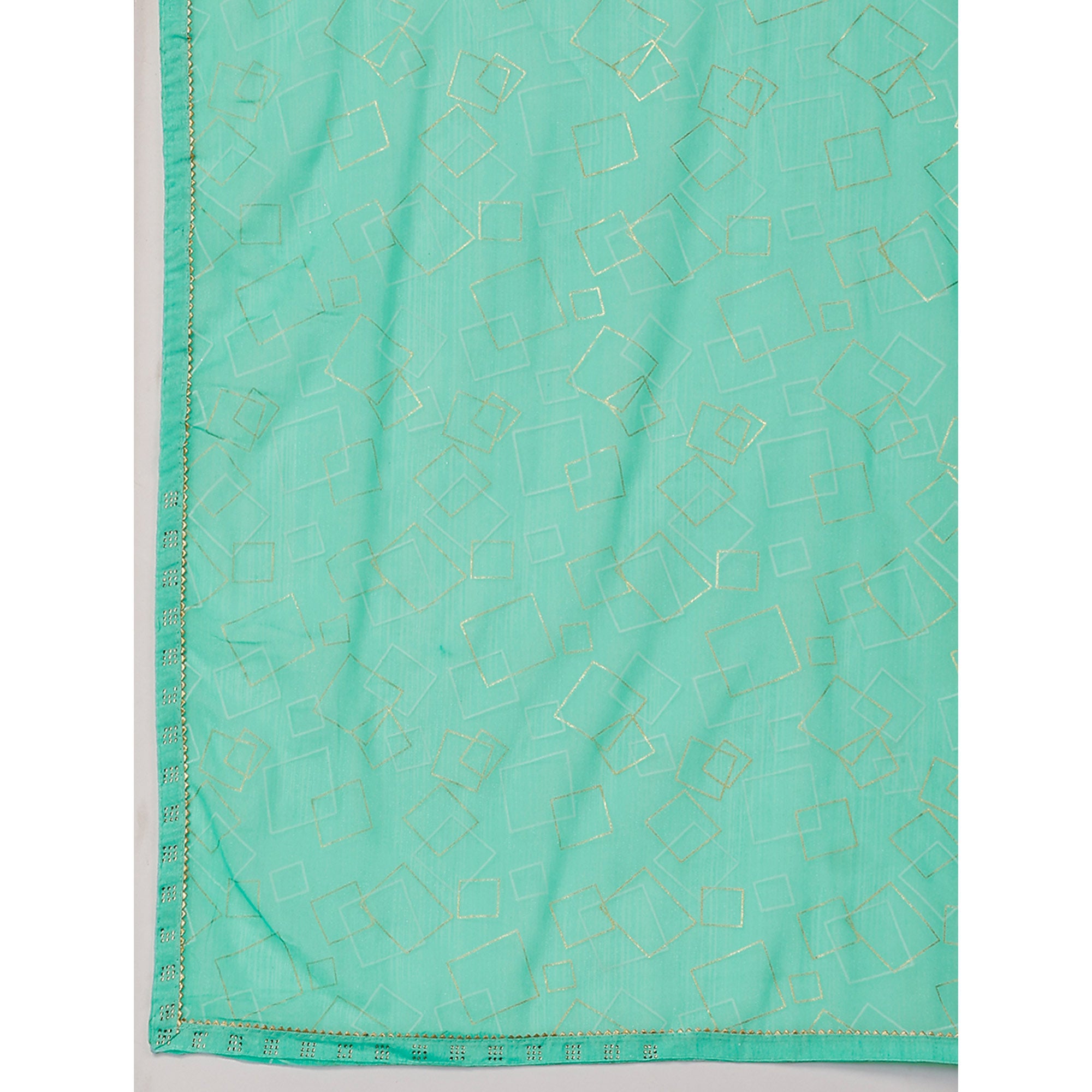 Sea Green Printed With Zari Work Chiffon Saree With Lace Border