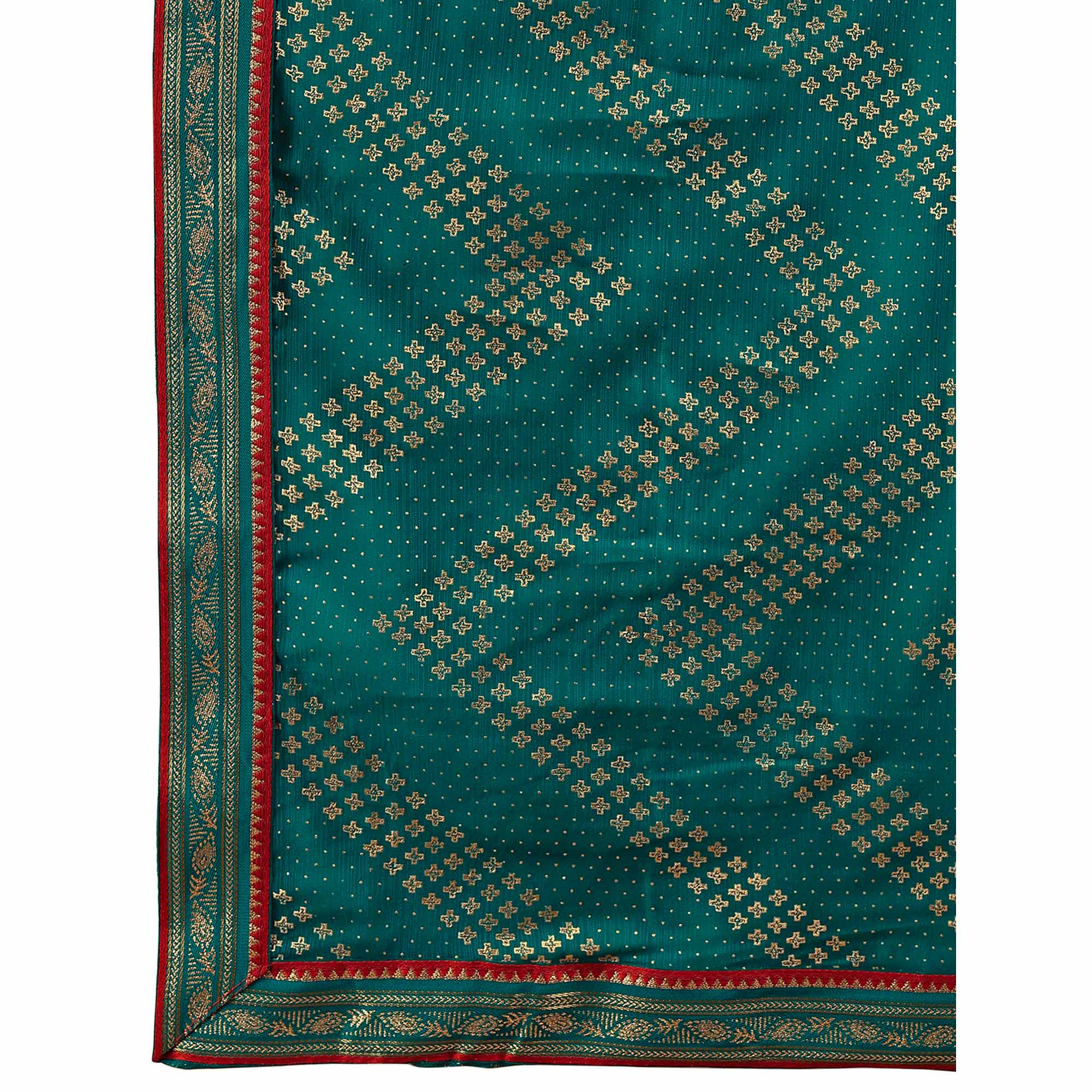 Teal Foil Printed Chiffon Saree With Lace Border