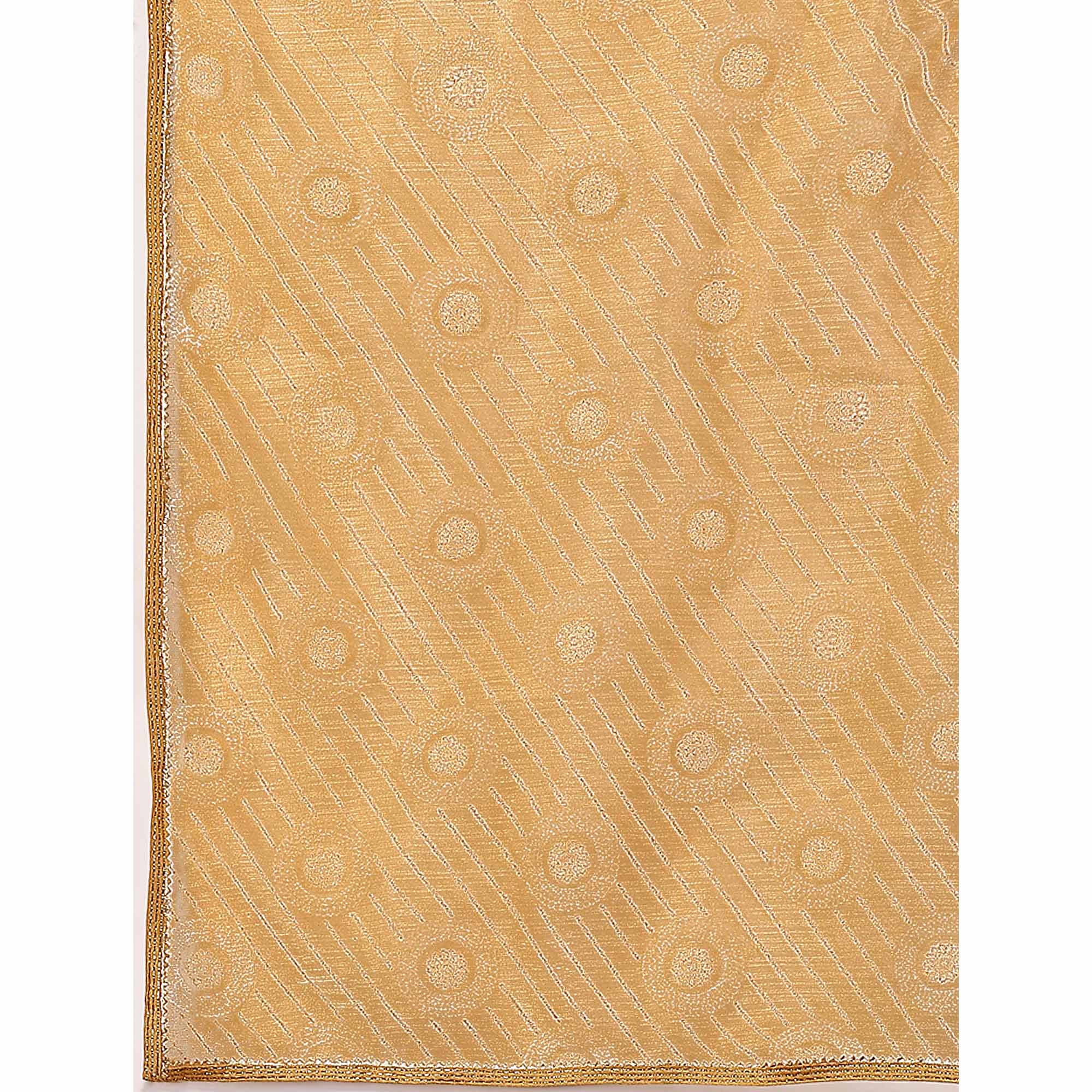 Chikoo Printed With Zari Work Cotton Silk Saree With Lace Border
