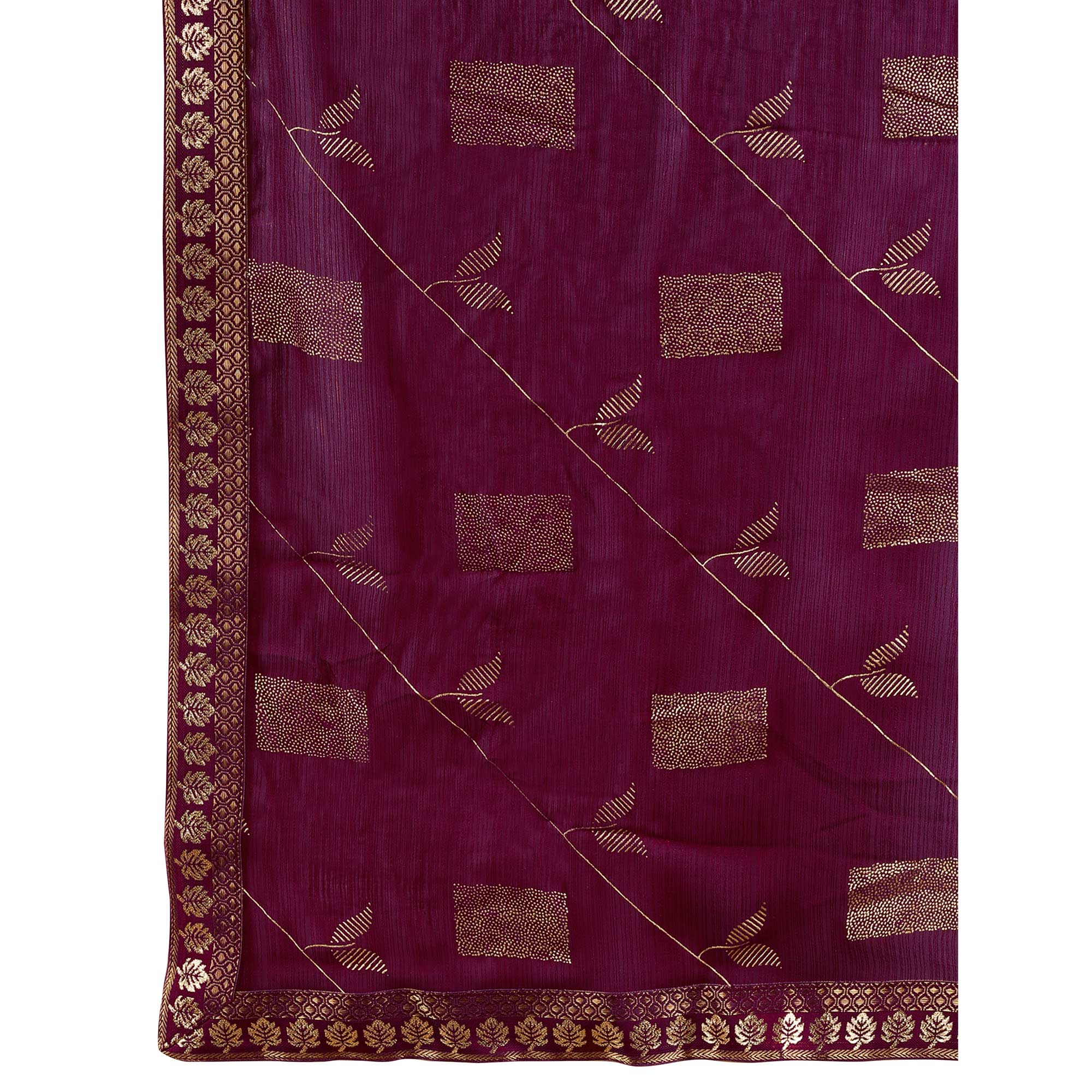 Purple Floral Foil Printed Chiffon Saree With Lace Border