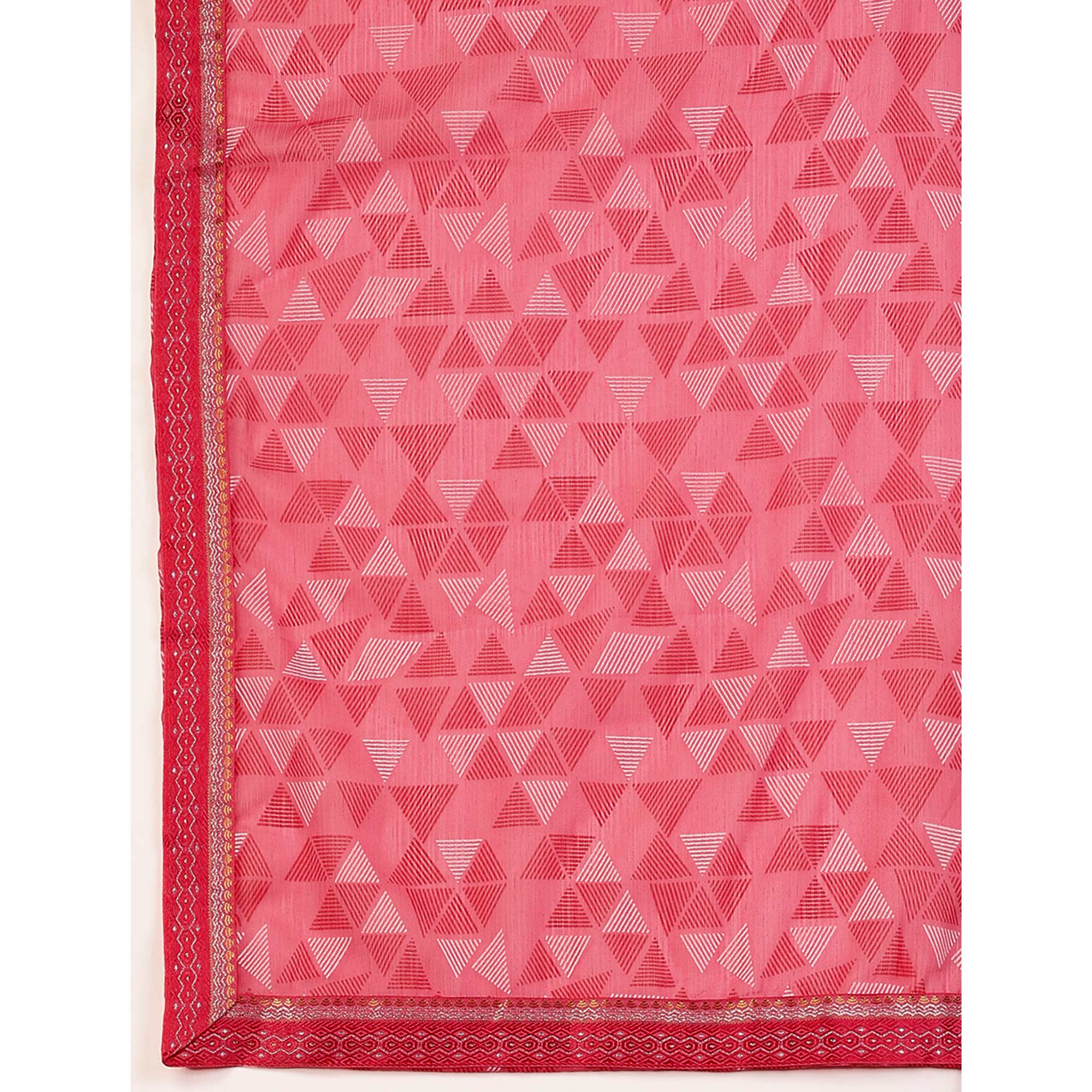 Pink Geometric Printed Chiffon Saree With Lace Border