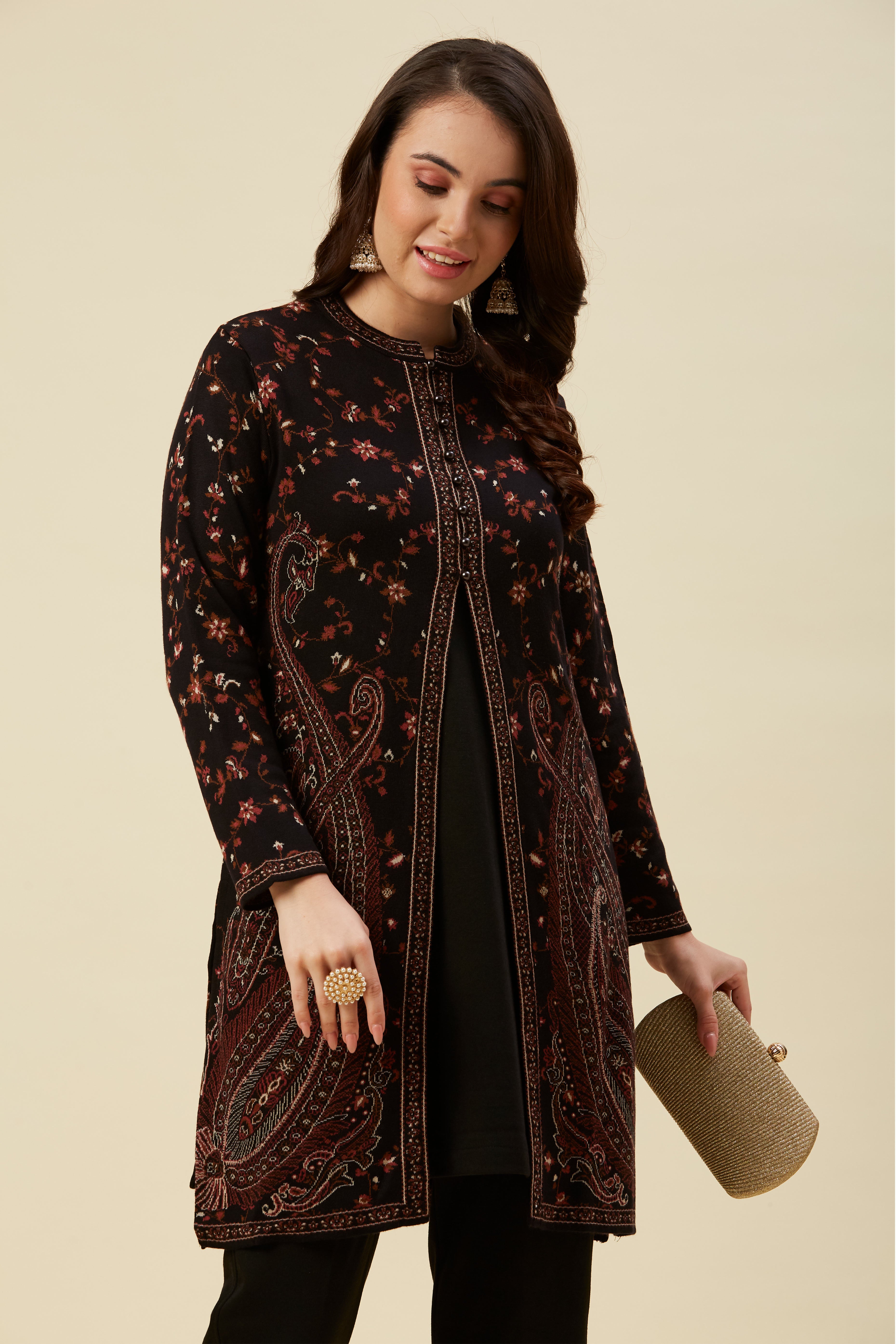 Black Woven Woolen Front Split Top Bottom Set