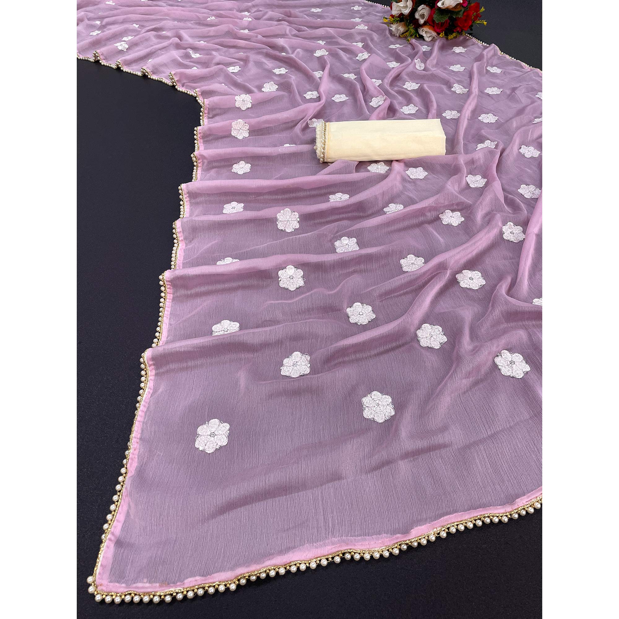 Pink Floral Embroidered Chiffon Saree