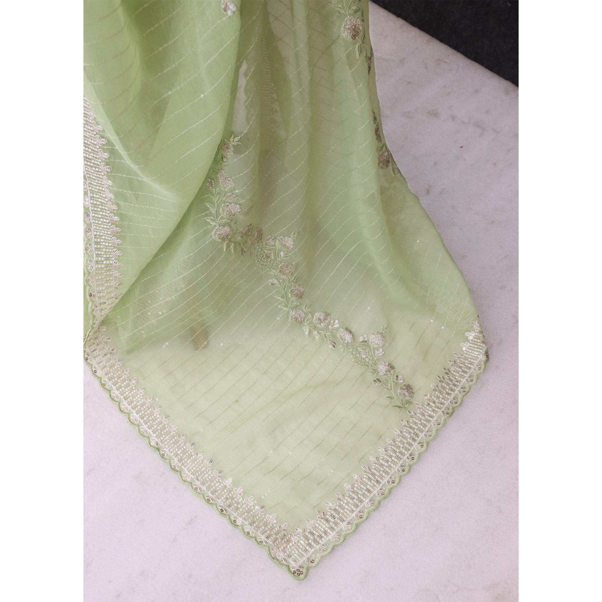 Green Shimmer Chiffon Saree with Floral Sequin Embroidery & Fine Cutwork Detailing