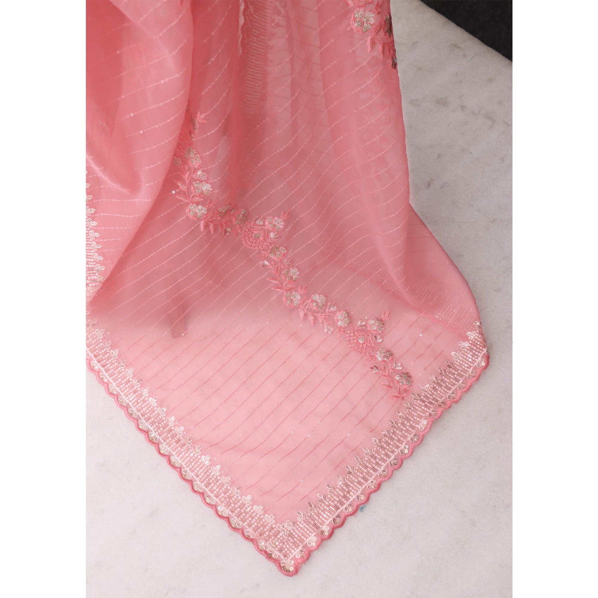 Rose Pink Shimmer Chiffon Saree with Pastel Floral Sequin Embroidery & Delicate Cutwork Border