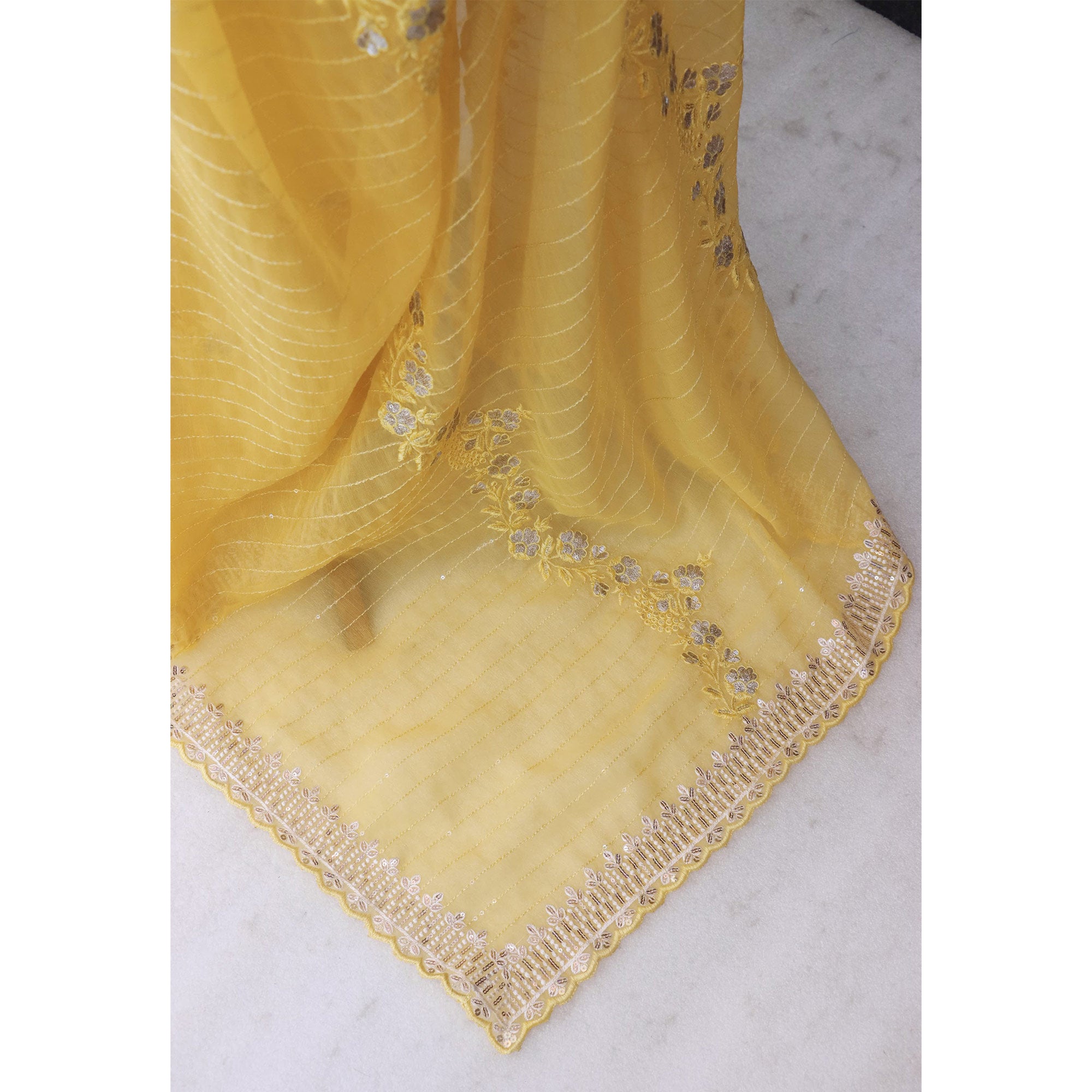 Yellow Shimmer Chiffon Saree with Floral Sequin Embroidery & Intricate Cutwork Border
