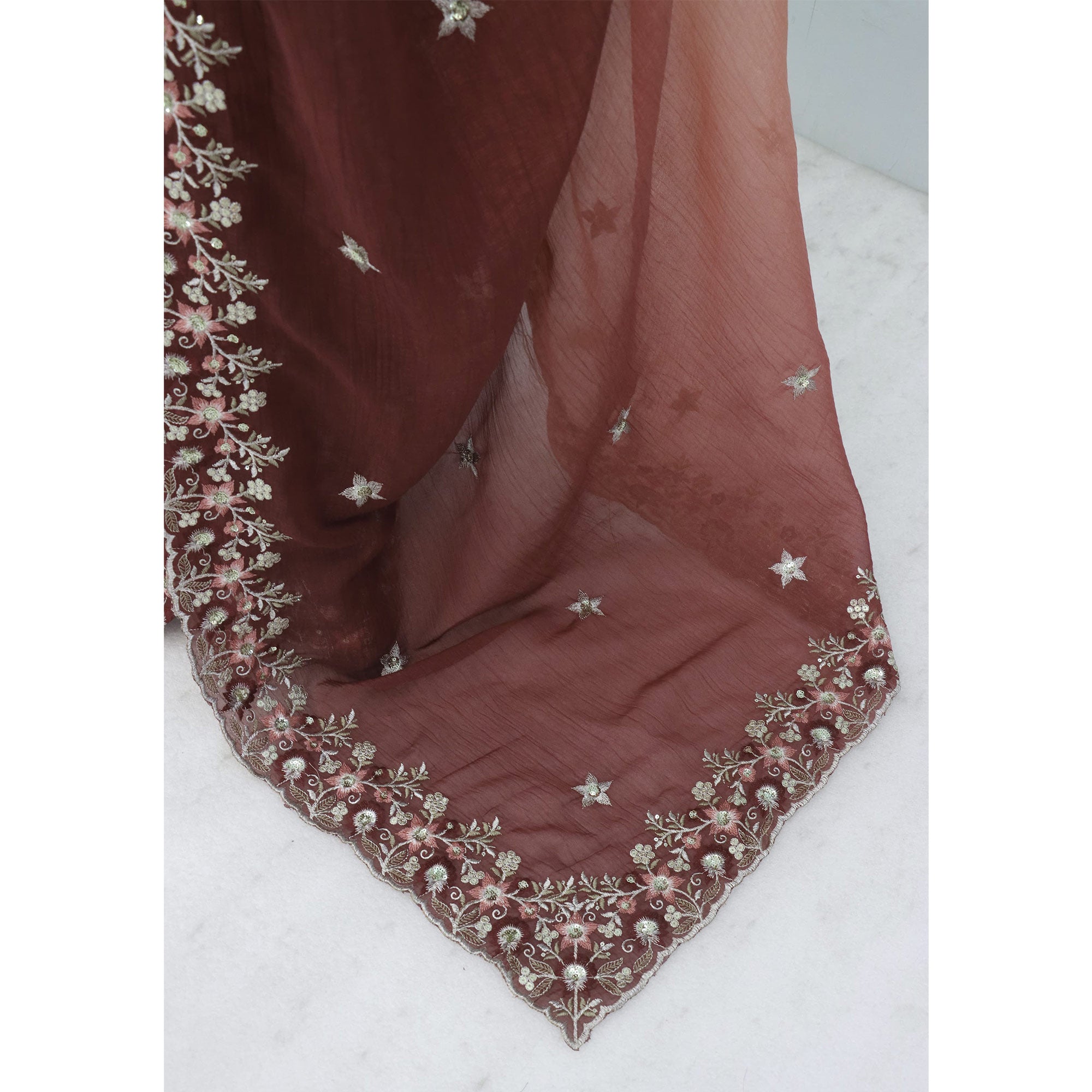 Brown Crunchy Crush Saree Featuring Floral Thread Embroidery & Sequins Embellishment