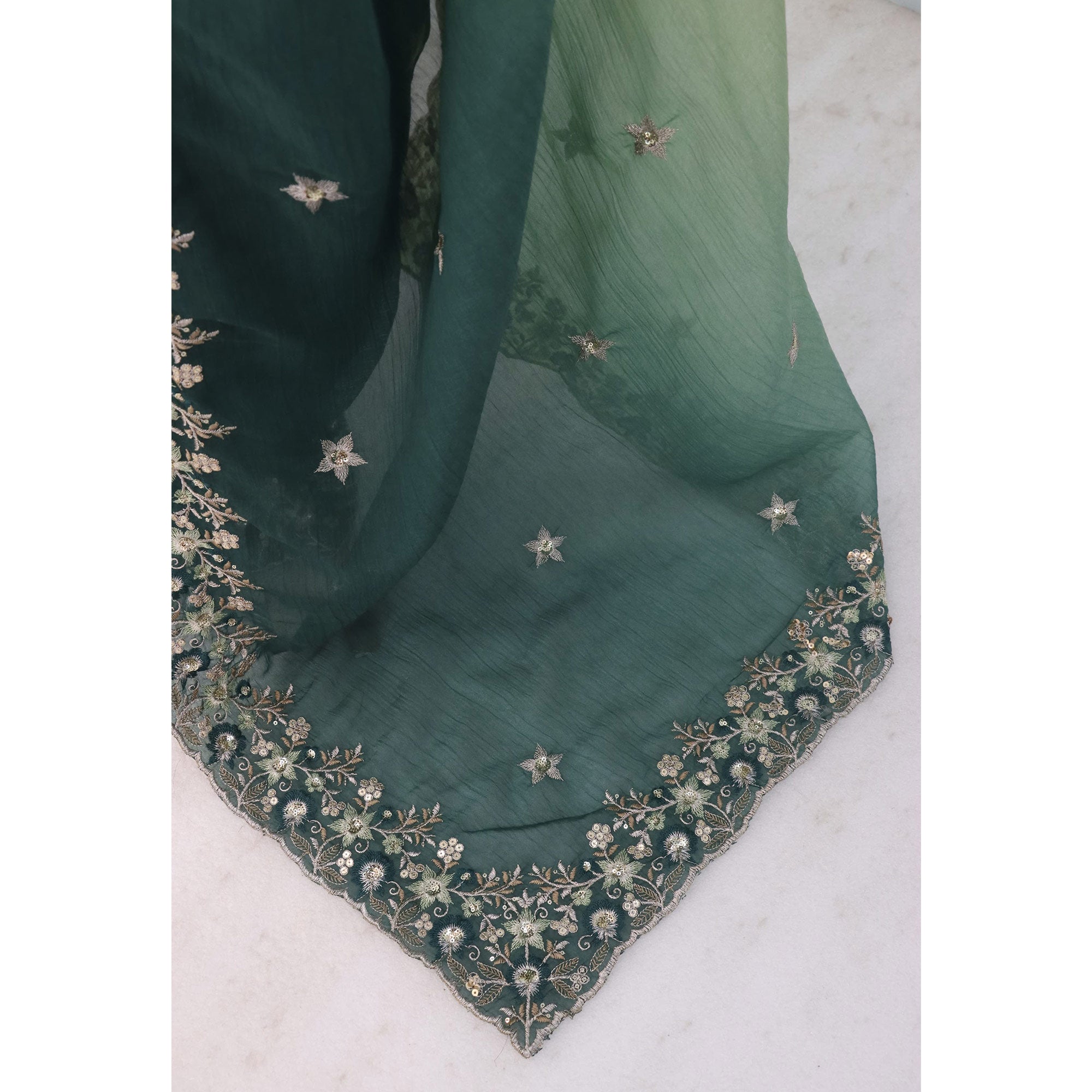 Teal Crunchy Crush Saree Featuring Floral Thread Embroidery & Sequins Embellishment