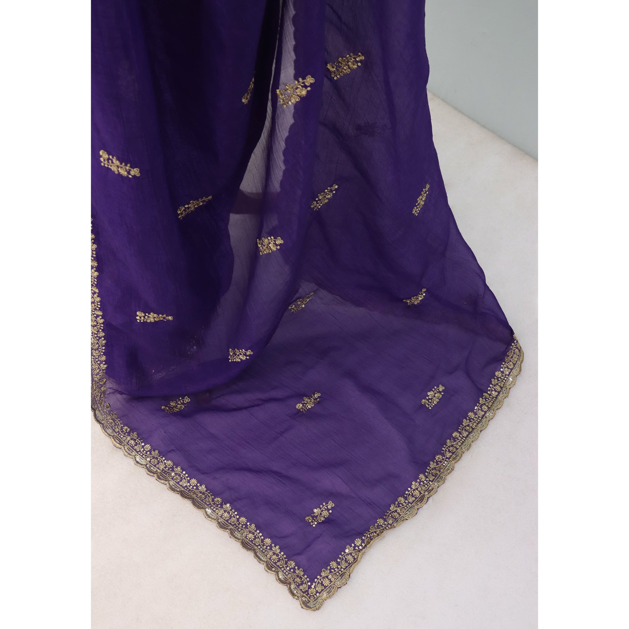 Royal Purple Crunchy Crush Saree Adorned With Floral Thread Embroidery & Gleaming Sequins Detailing