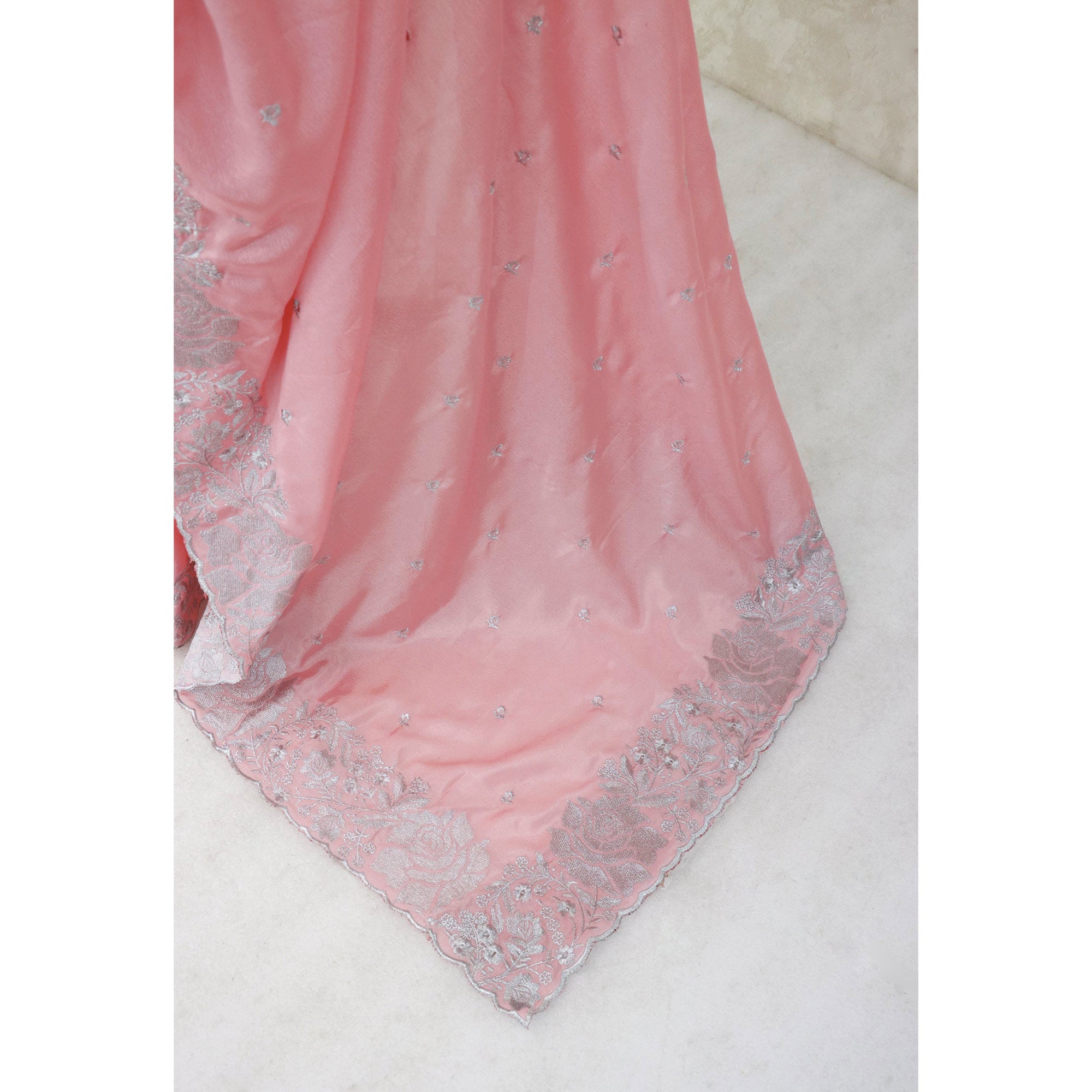 Graceful Baby Pink Chinon Chiffon Saree With Intricate Floral Zari Embroidery