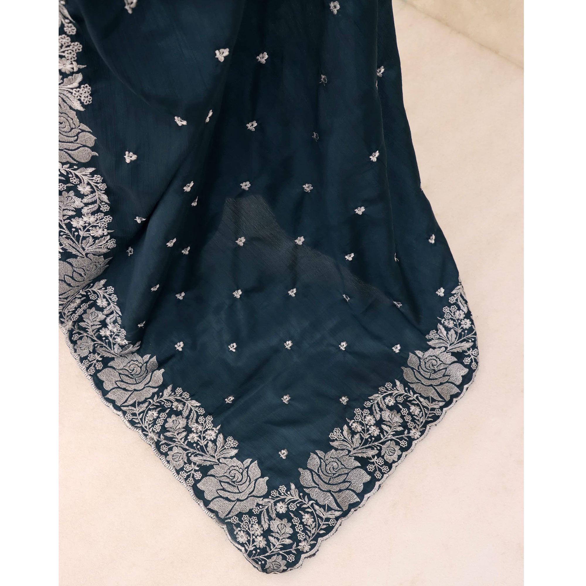 Dark Teal Blue Chinon Chiffon Saree With Graceful Floral Zari Embroidery