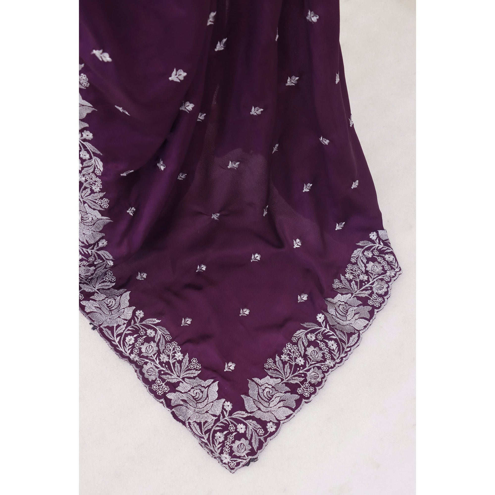 Ethereal Plum Purple Saree With Intricate Floral Zari Accents On Chinon Chiffon