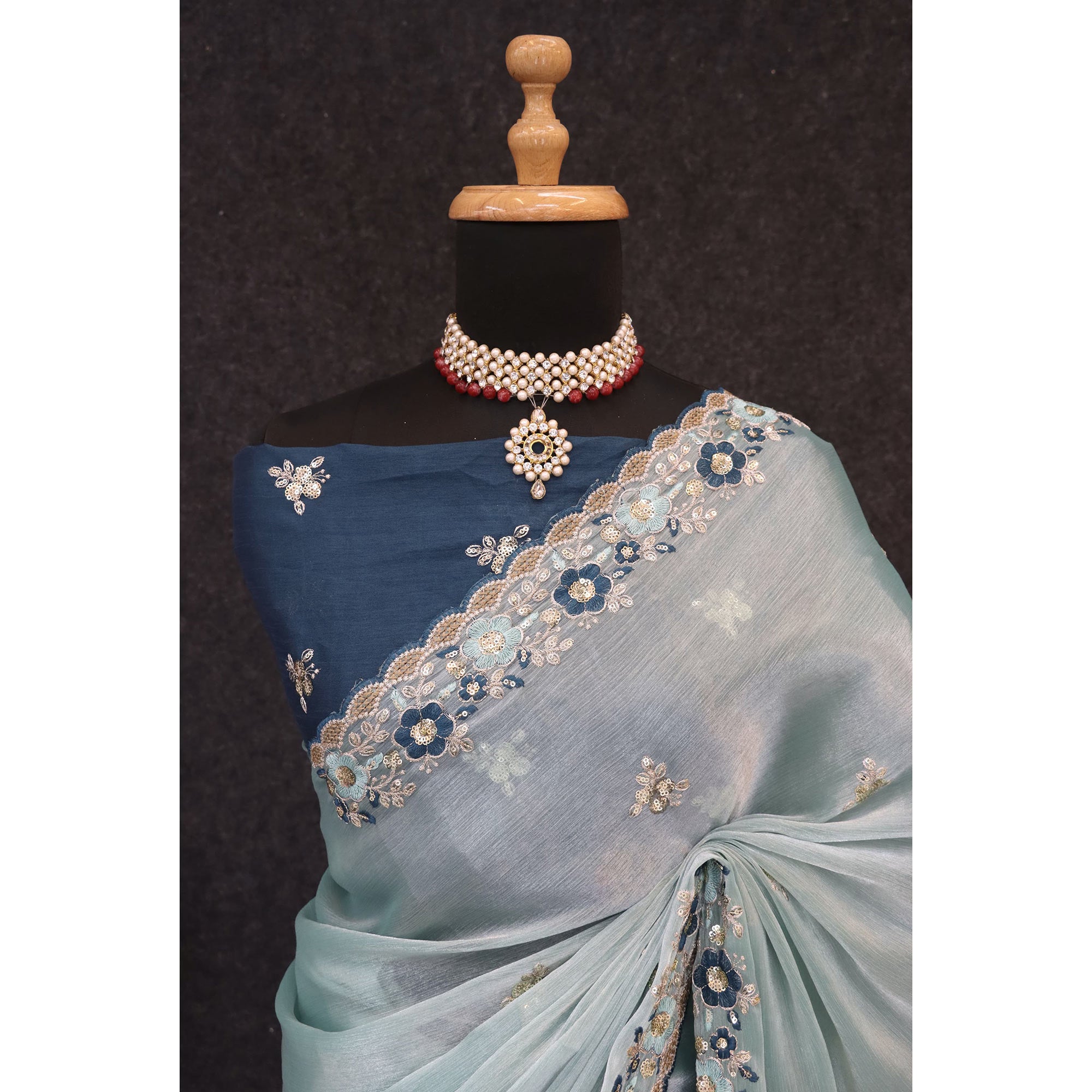 Blue Jimmy Choo Chiffon Saree Adorned With Floral Embroidery & Delicate Sequins Work