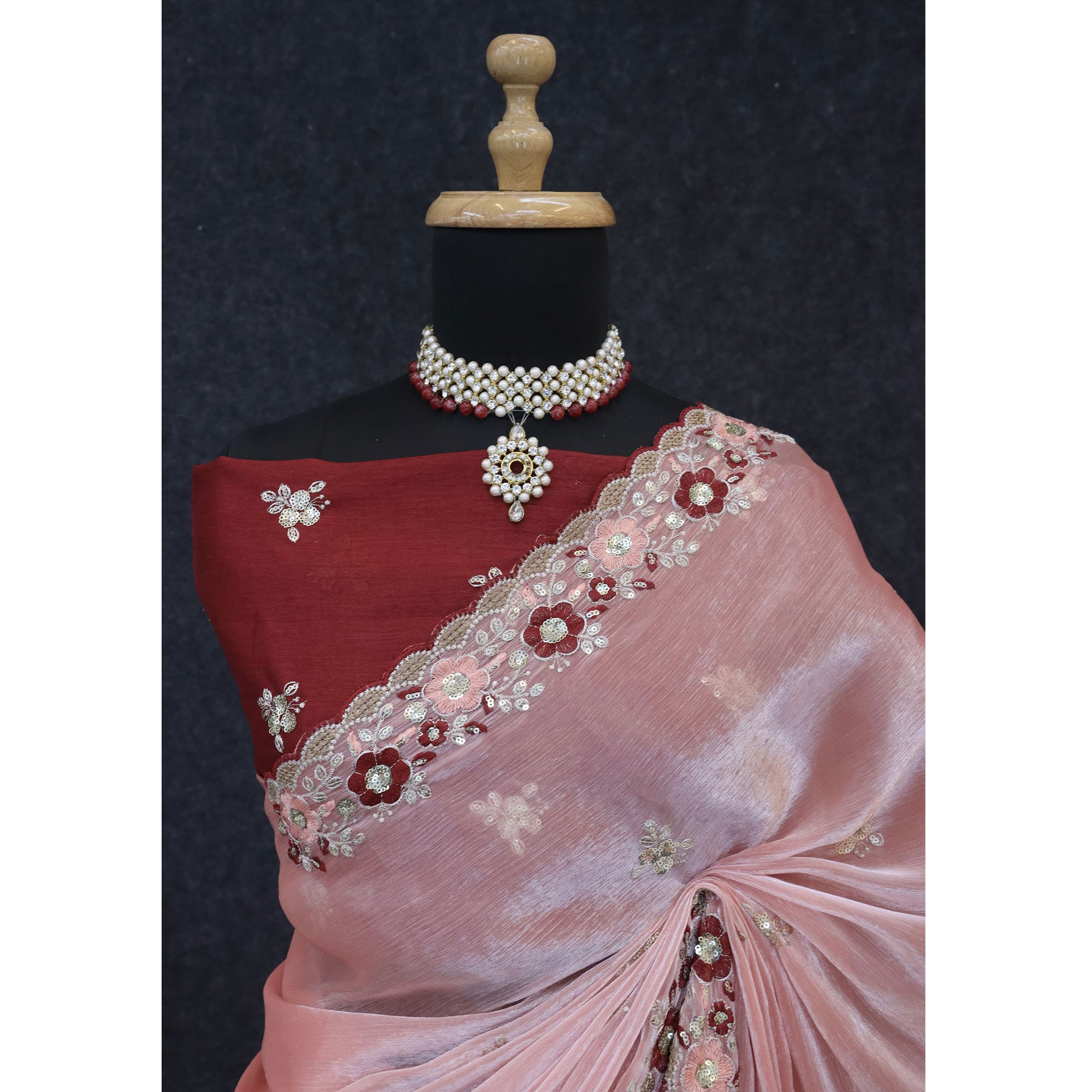 Peach Jimmy Choo Chiffon Saree Adorned With Floral Embroidery & Delicate Sequins Work