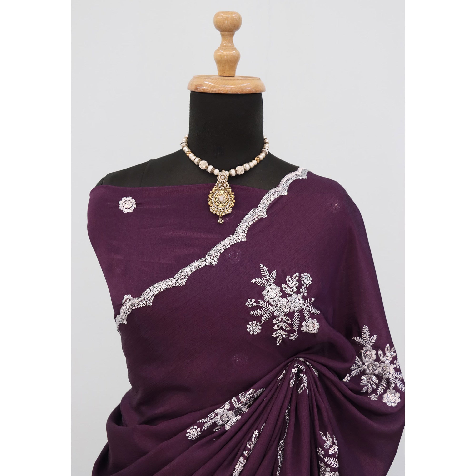 Wine Chinon Saree Adorned With Zari Floral Embroidery & Gleaming Sequins Work