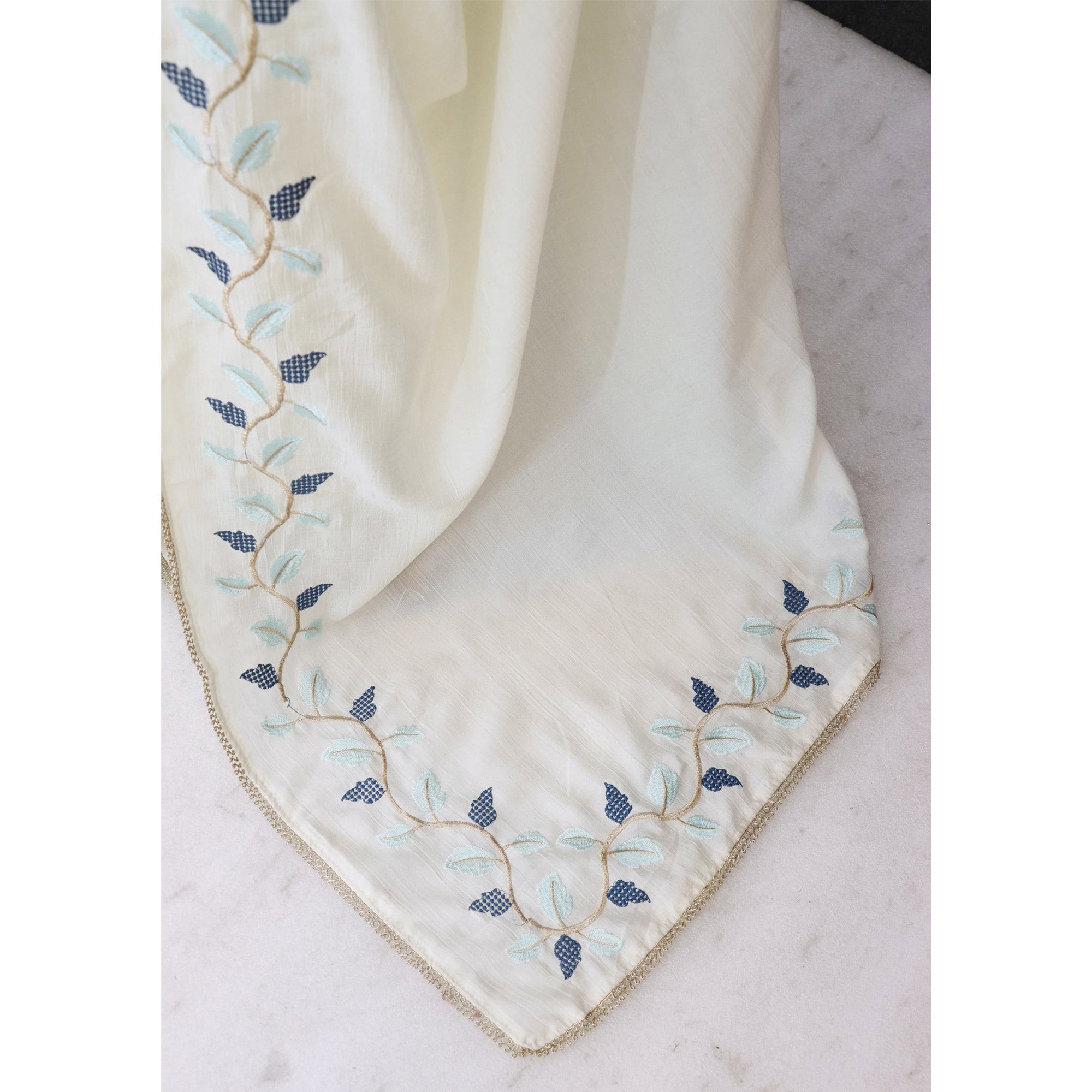 Timeless Offwhite & Blue Pure Silk Saree With Intricate Thread Embroidery And Delicate Lace Border