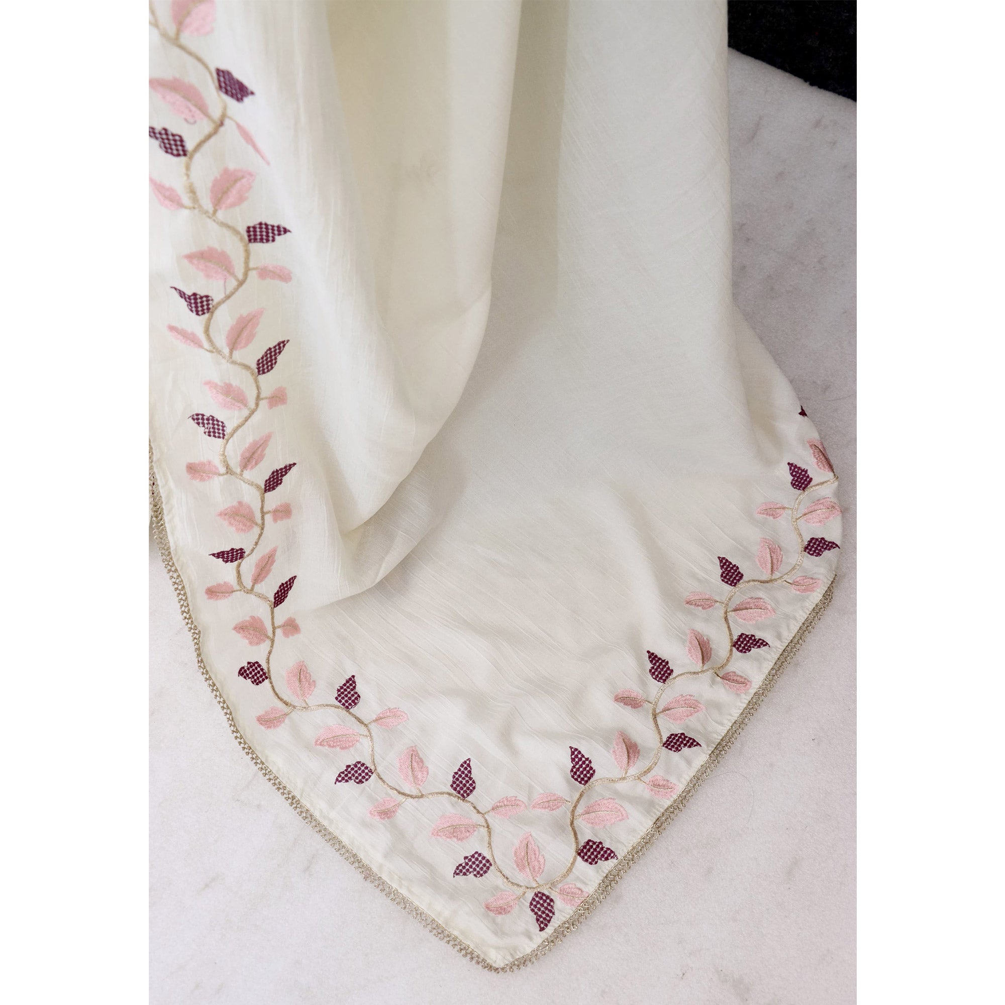 Graceful Offwhite & Wine Pure Silk Saree With Intricate Thread Embroidery And Delicate Lace Border