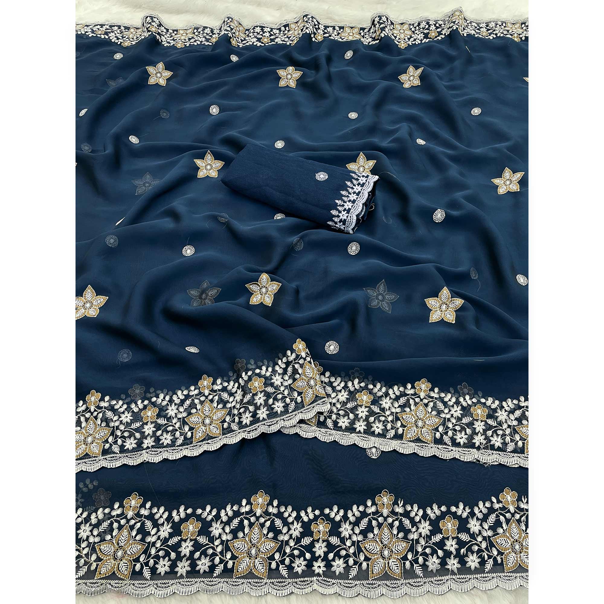 Teal Designer Art Silk Saree Enhanced with Fine Floral Embroidery Work