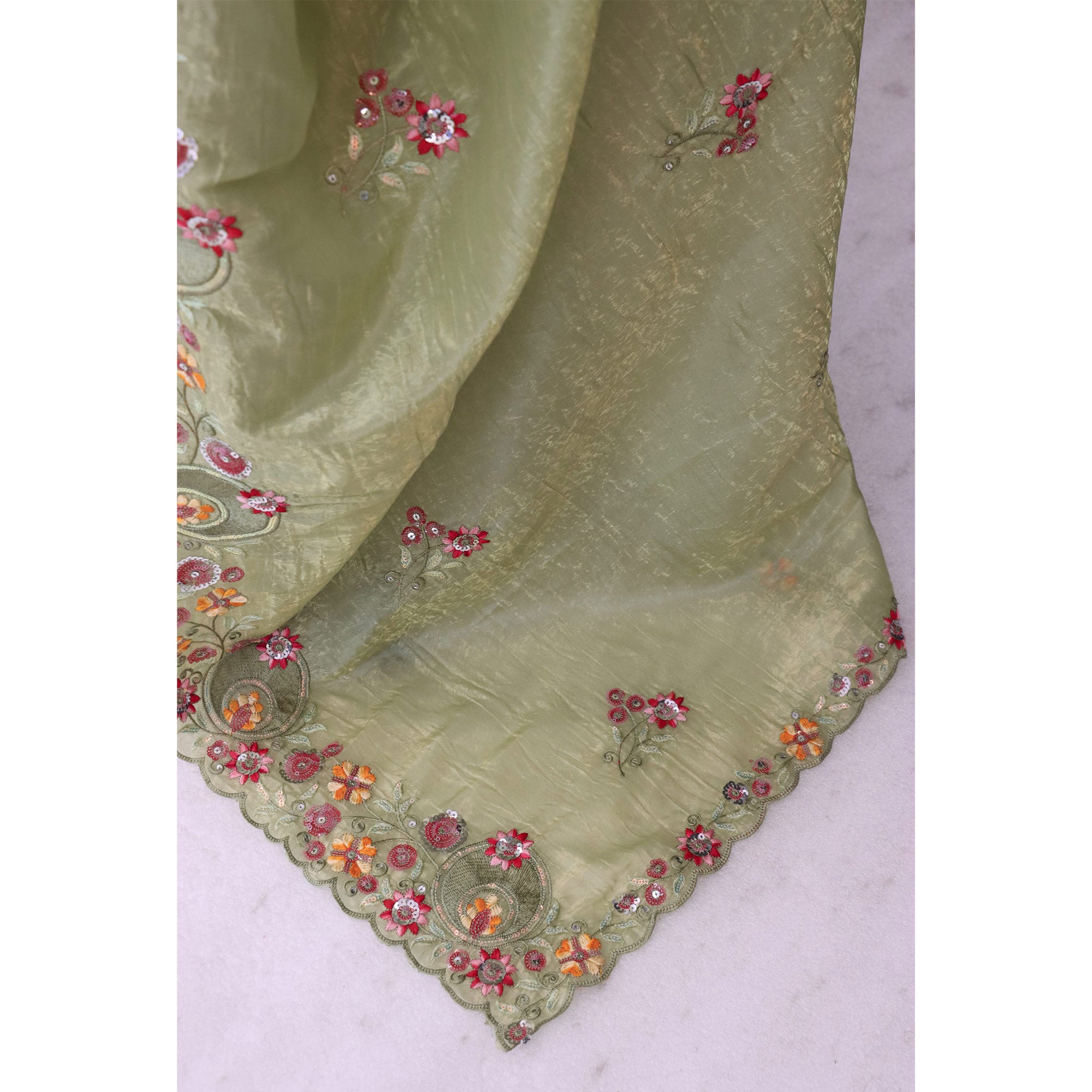 Pista Green Elegance Cotton Silk Saree with Floral Sequins Embroidery