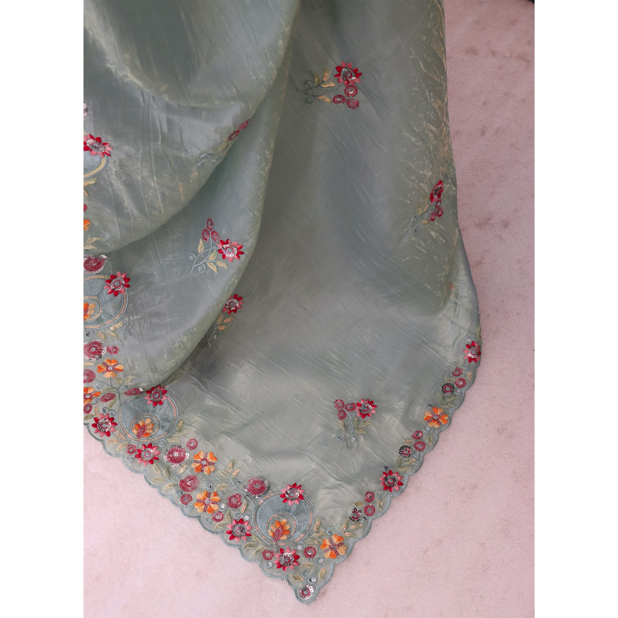 Turquoise Elegance Cotton Silk Saree with Floral Sequins Embroidery