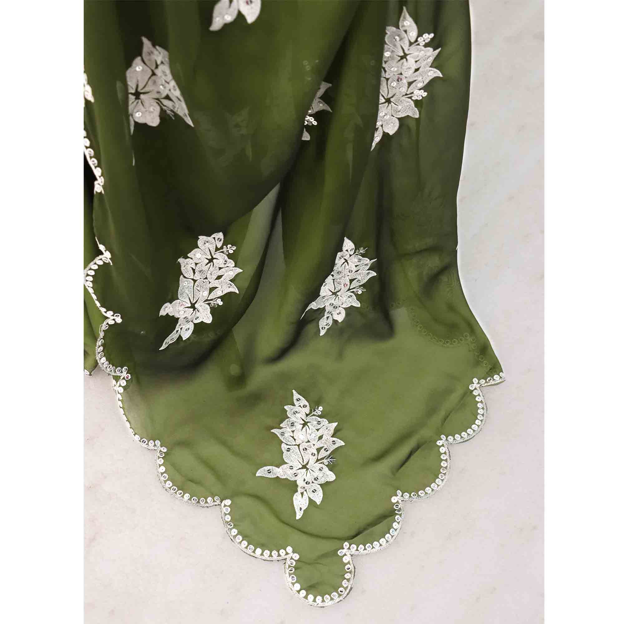 Mehendi Green Silk Blend Saree with Embroidered Floral Design in Sequins & Thread