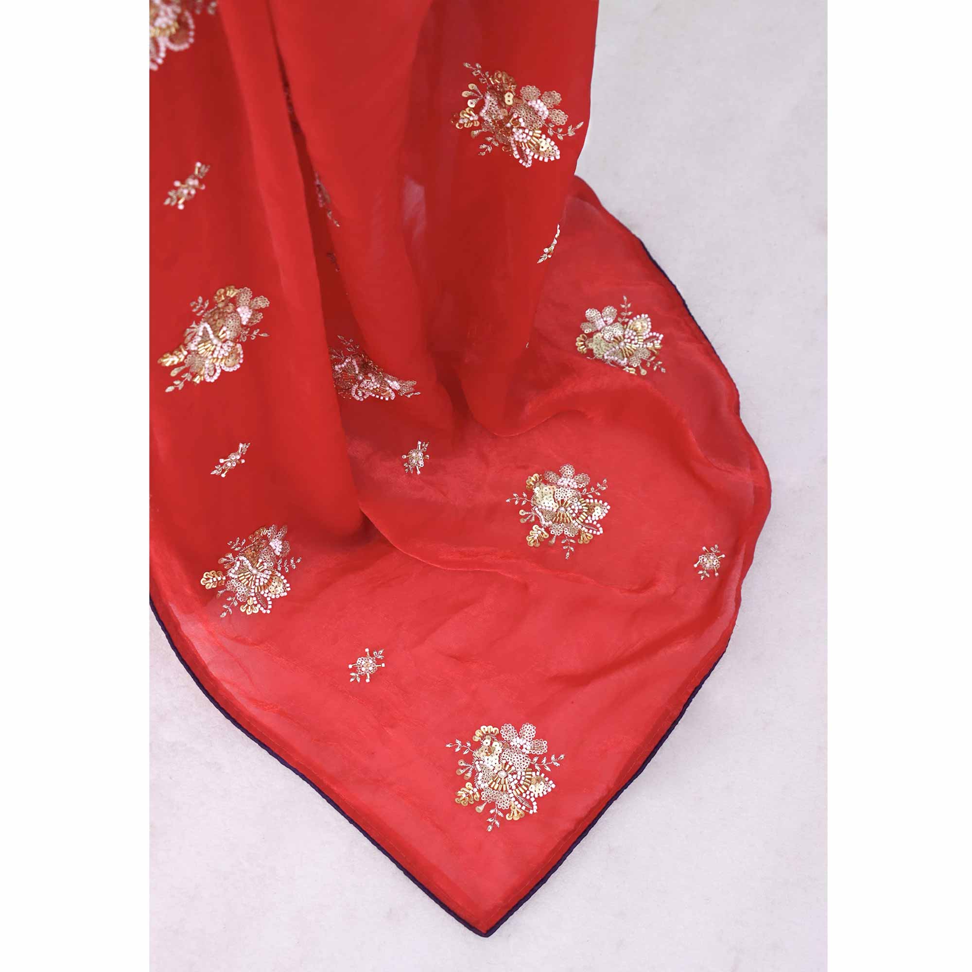Party Wear Red Satin Silk Saree with Intricate Bead and Sequin Detailing