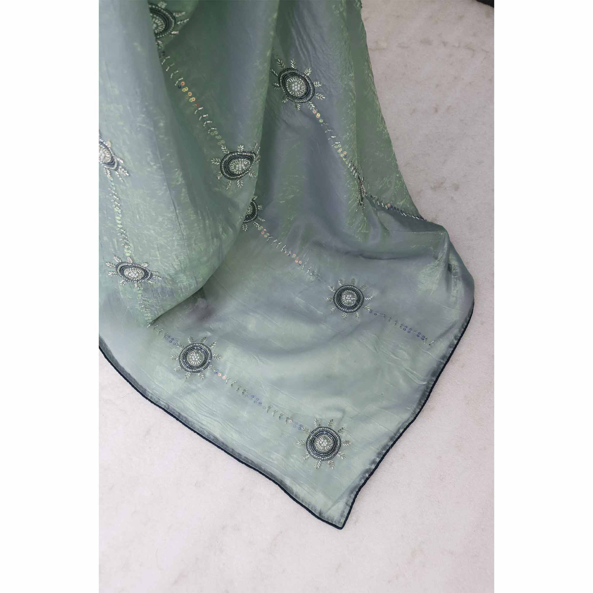 Turquoise Designer Silk Blend Saree Embellished with Stones & Beads