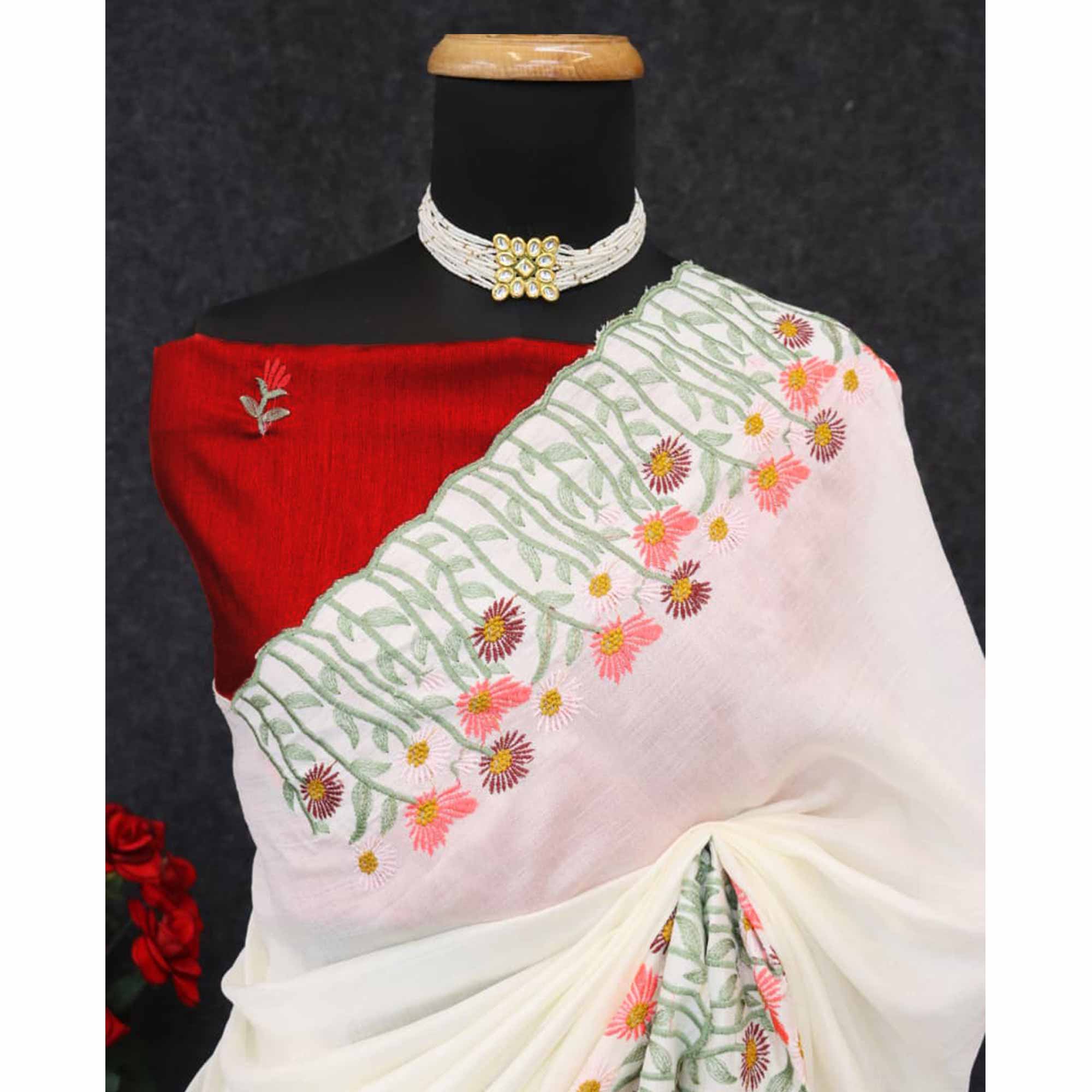 Off White Vichitra Silk Saree with Fine Floral Embroidery for Party and Traditional Styling