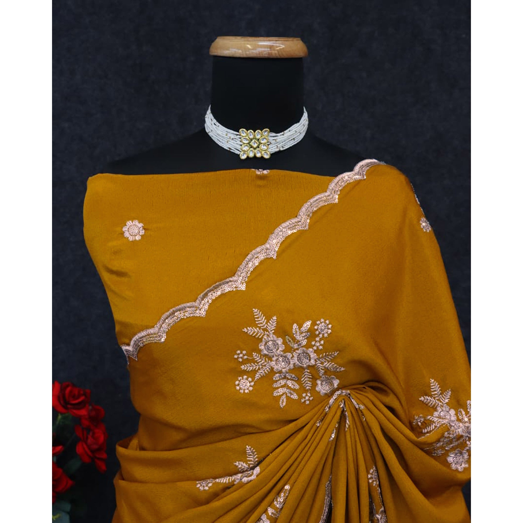 Designer Mustard Pure Chinon Saree Highlighted with Elegant Sequins Embroidery
