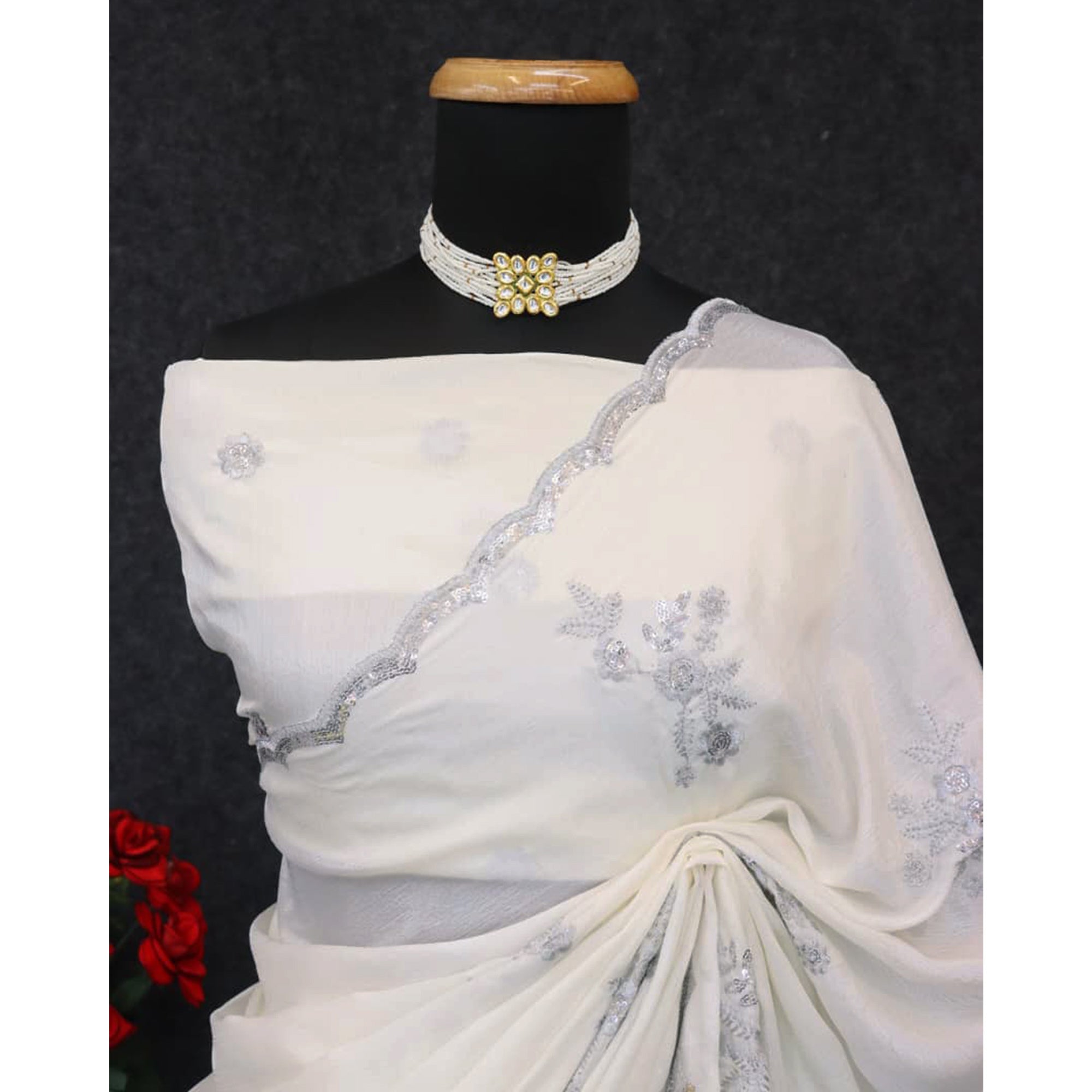Designer Off White Pure Chinon Saree Highlighted with Elegant Sequins Embroidery