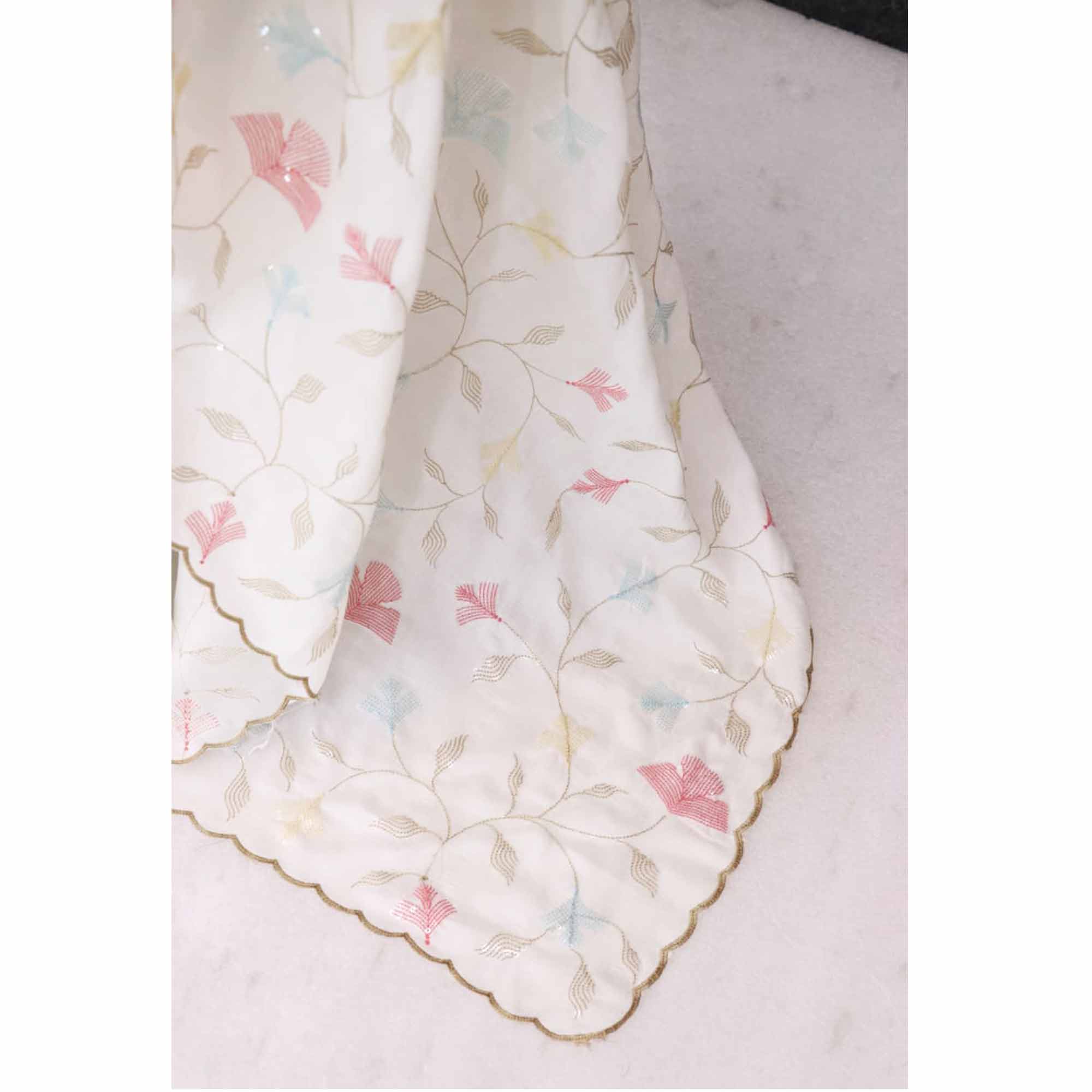 Graceful White Vichitra Silk Saree Adorned With Floral Sequins Embroidery & Golden Arco Border