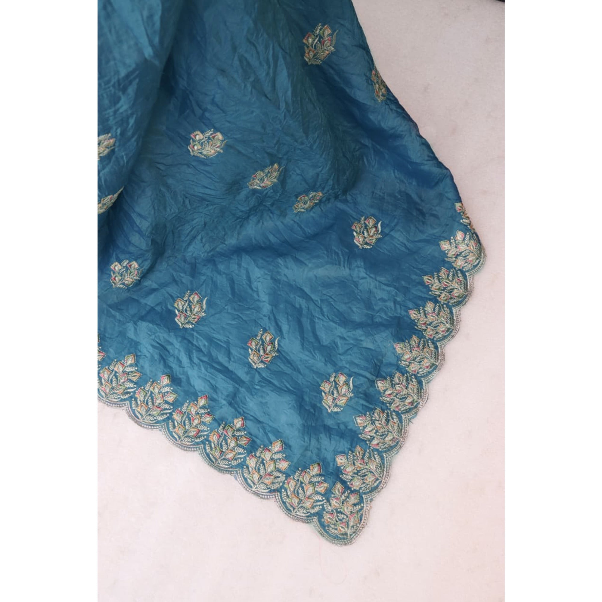 Classic Blue Silk Blend Crush Saree Beautifully Embellished With Floral Thread Embroidery